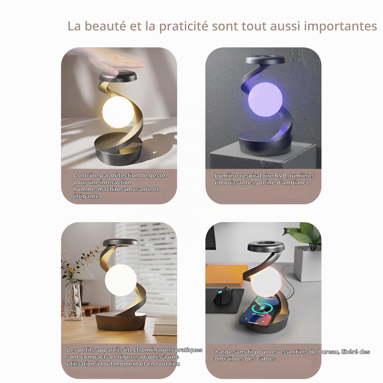 Syfunlv Lampe de Table à Induction Rotative Flottante,Veilleuse LED avec Contrôle Tactile et Chargeur Sans Fil,Lampe de Chevet Flottante Rotative à Commande Intelligente,pour Chambres Bureau (Blanc)