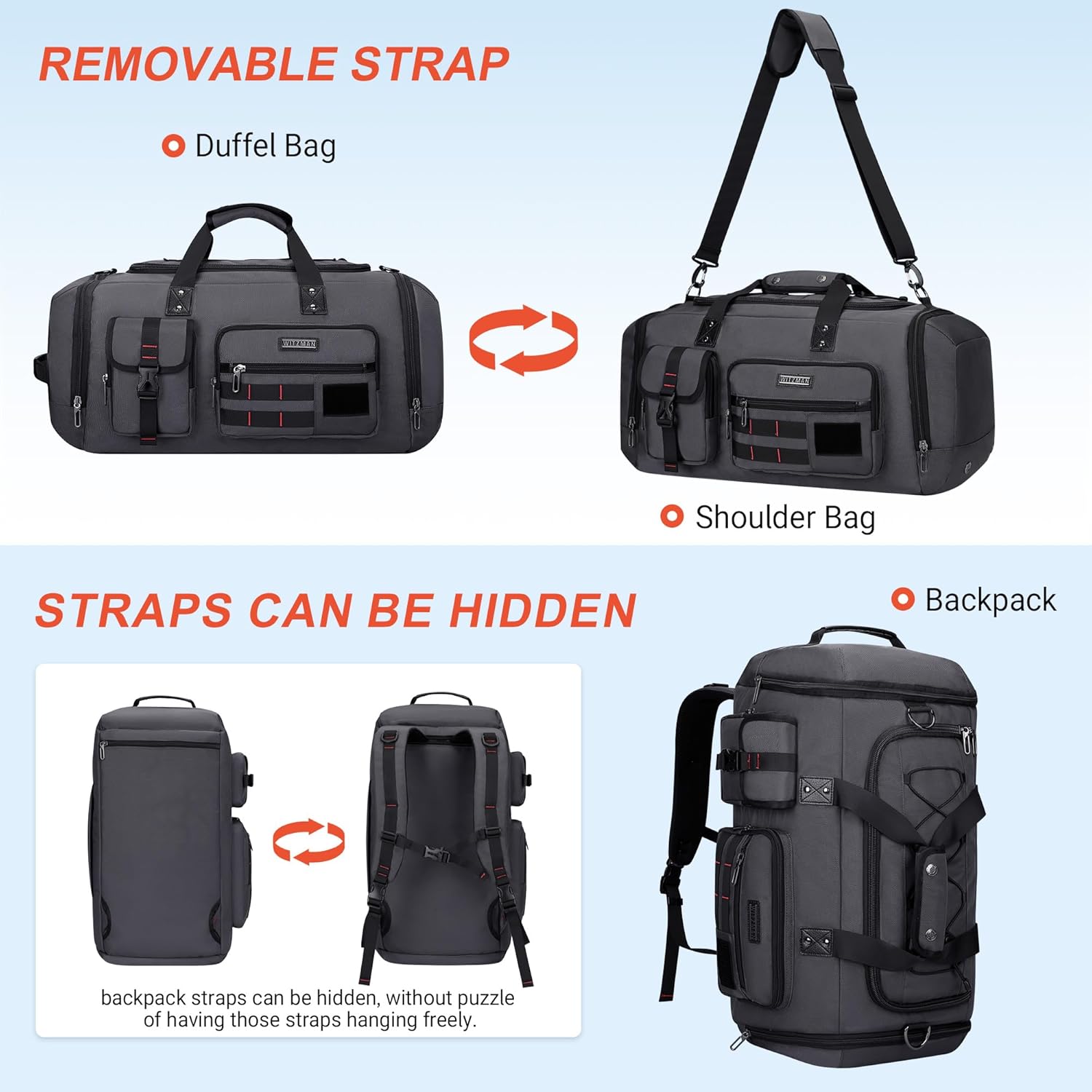 WITZMAN Travel Duffel Bags for Men Large Carry On Weekender Overnight Bag 3 in 1 Backpack with Shoe Compartment (B693 Silvery Grey) - Image 6