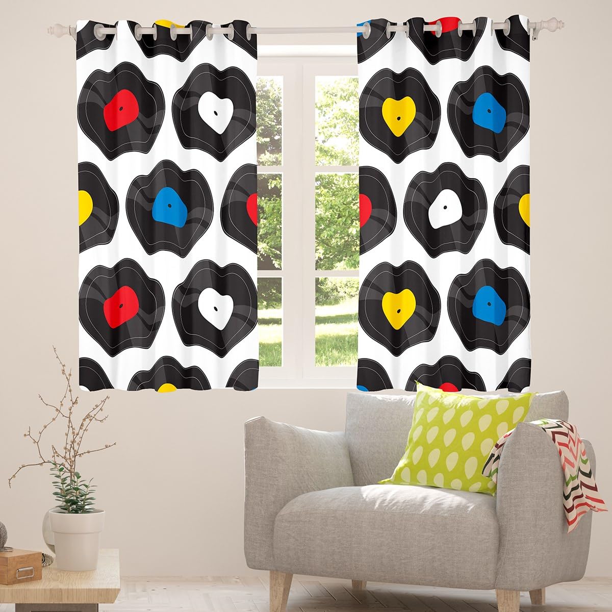 Loussiesd Tende oscuranti per camera da letto e soggiorno, con stampa a disco (30% -50%), tende oscuranti a tema musicale, 132 x 228 cm (larghezza x lunghezza)