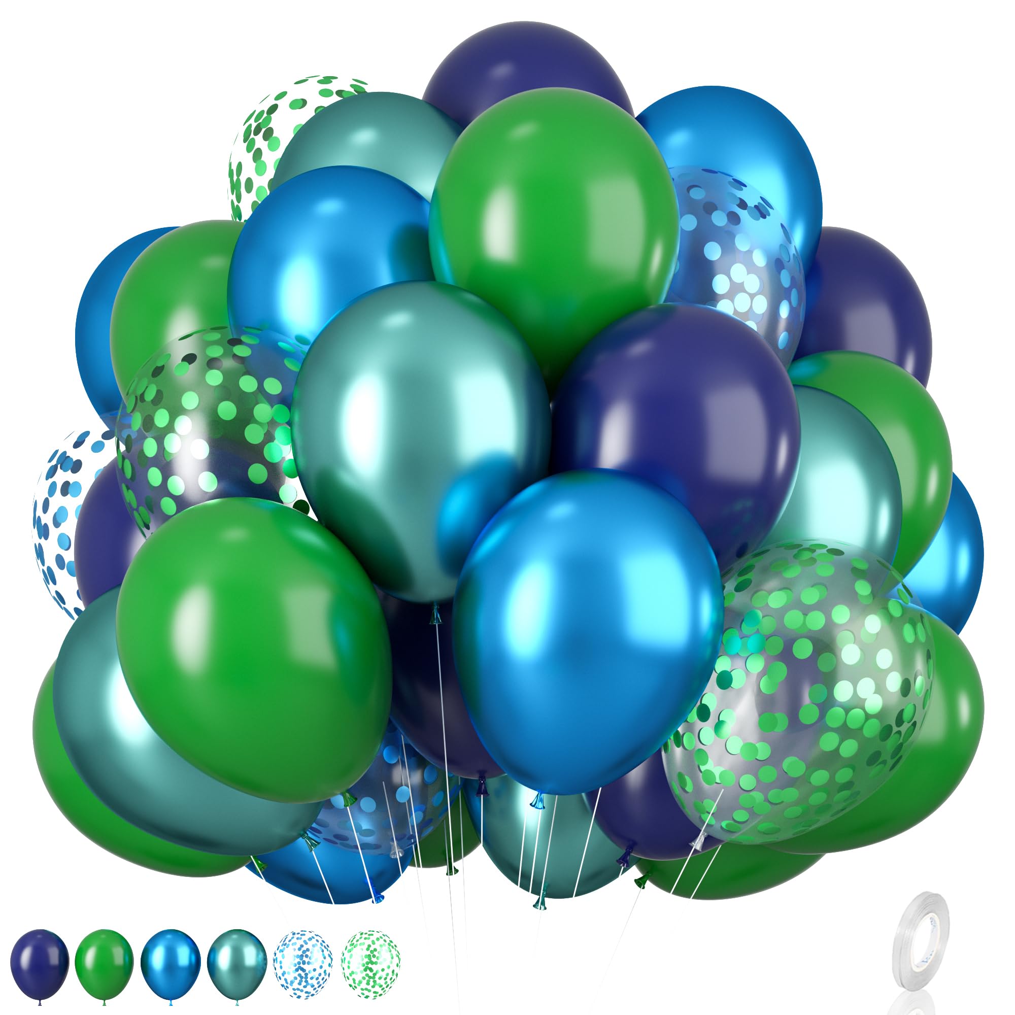 Blue and Green Balloon Set, 12 Inch Navy Blue Dark Green Balloons Metallic Chrome Ballons, Confetti Green Blue Balloons for Jungle Safari Theme Boys