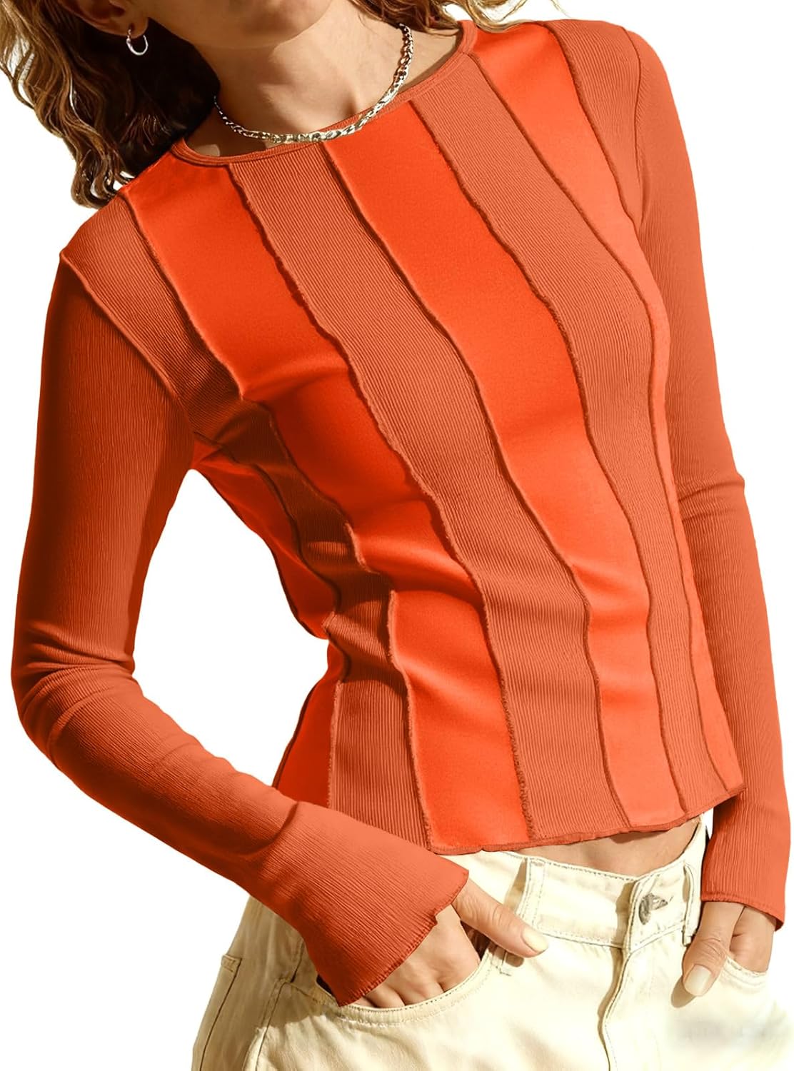 Tankaneo Womens Fitted Long Sleeve Shirts Ribbed Knit Going Out Tops Y2k Trendy Casual Crew Neck Tees Shirts