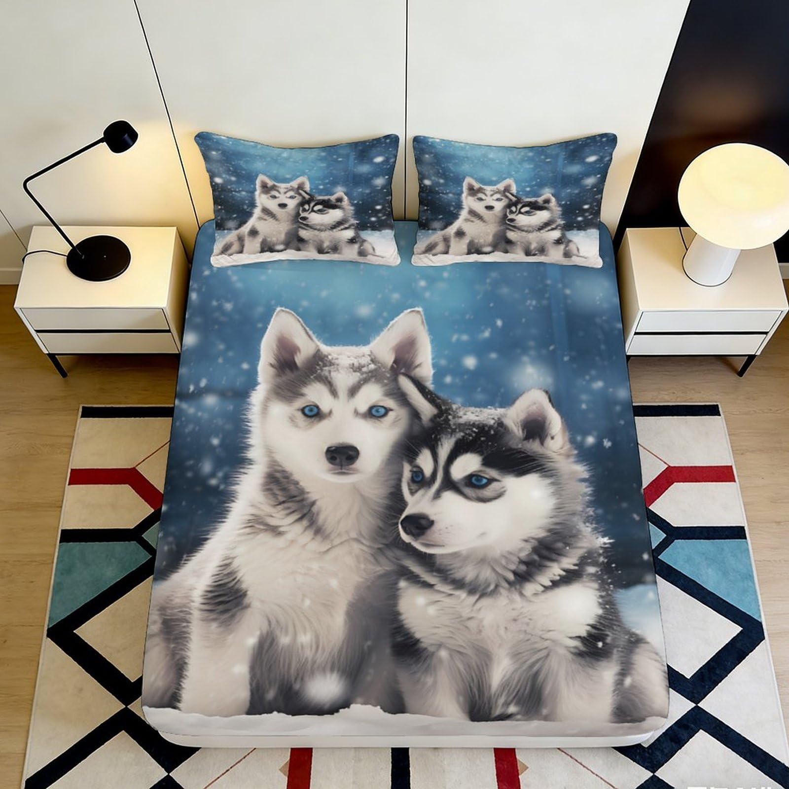 3D Printed Husky Winter Snow Fitted Sheet Microfiber Soft Anti-Slip Mattress Cover for Bedroom Guest Room Easy Care 160x200x25cm