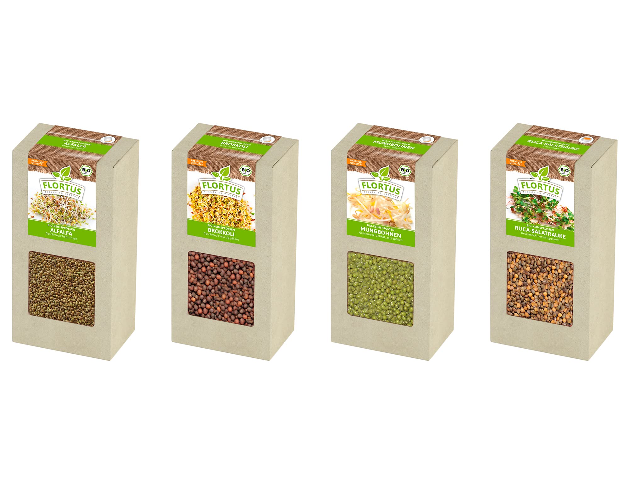 FLORTUS BIO Keimsprossen Archiv Geschenkbox - Starterset inkl. 4 Sprossensorten | Alfalfa, Brokkoli, Mungbohne und Rucola | Geschenkset mit Sprossenglas | Keimsprossenbox Holzbox mit Deckel