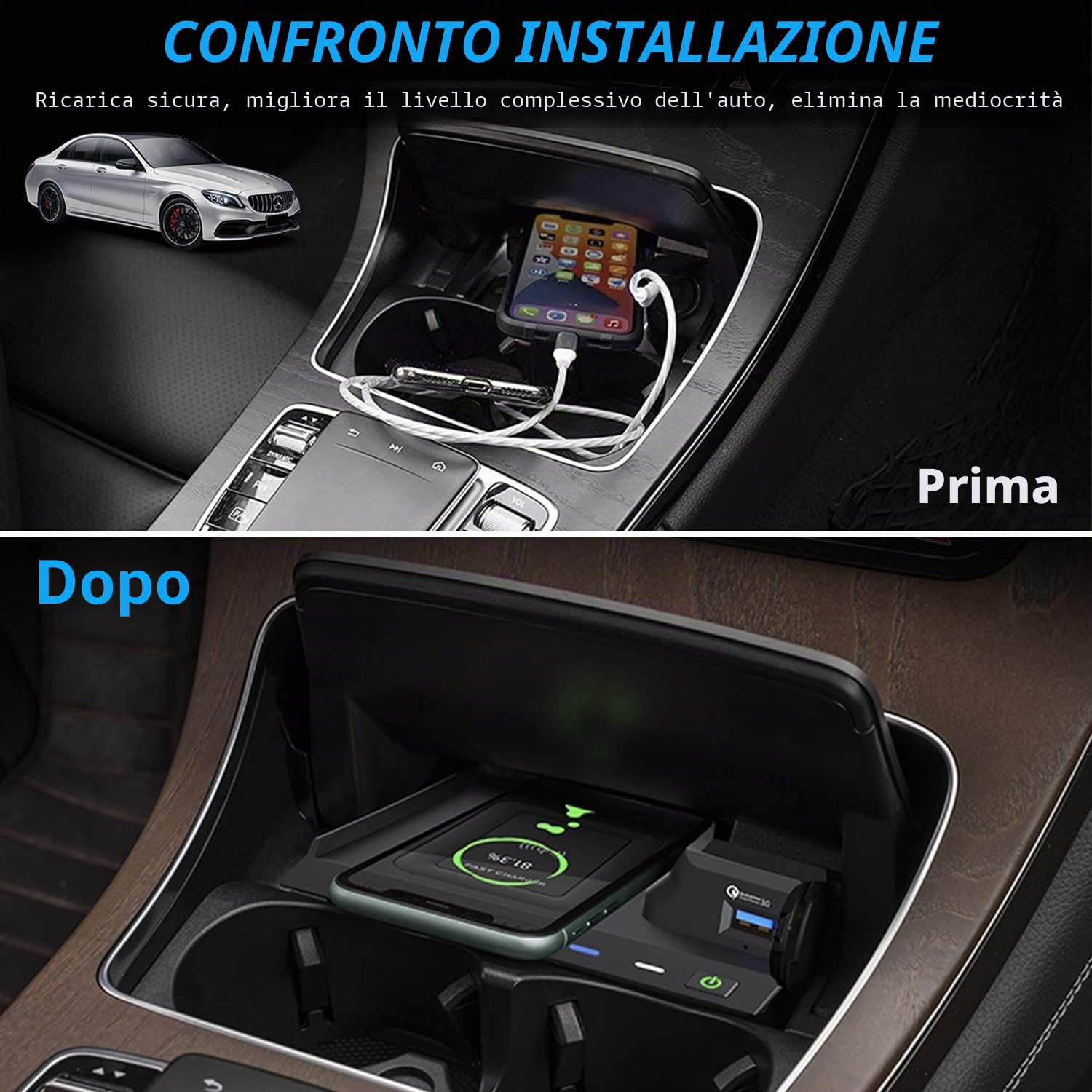 Caricatore Wireless Auto per Mercedes Benz C-Class GLC 2015-2021 C180 C200 C260 C300 C450 GLC200 GLC260 GLC300 C43 C63 GLC43 GLC63 Pannello Rapida Ricarica Telefono Pad per iPhone Samsung