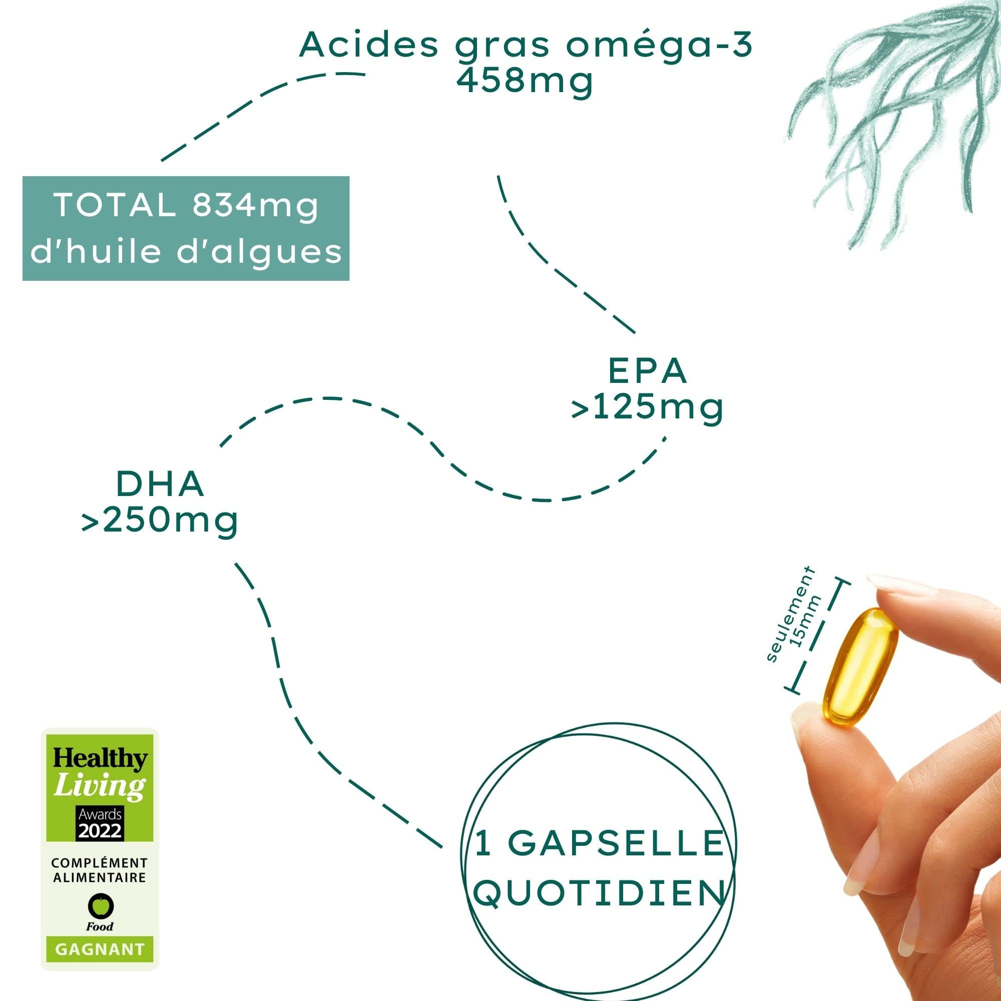 Nature Basics® Huile d'algues Oméga 3 végétalienne | 120 (!) gélules hautement dosées dans un bocal en verre | certifié durable & neutre en CO2 | Par gélule 455mg naturels avec 30% DHA & 15% EPA
