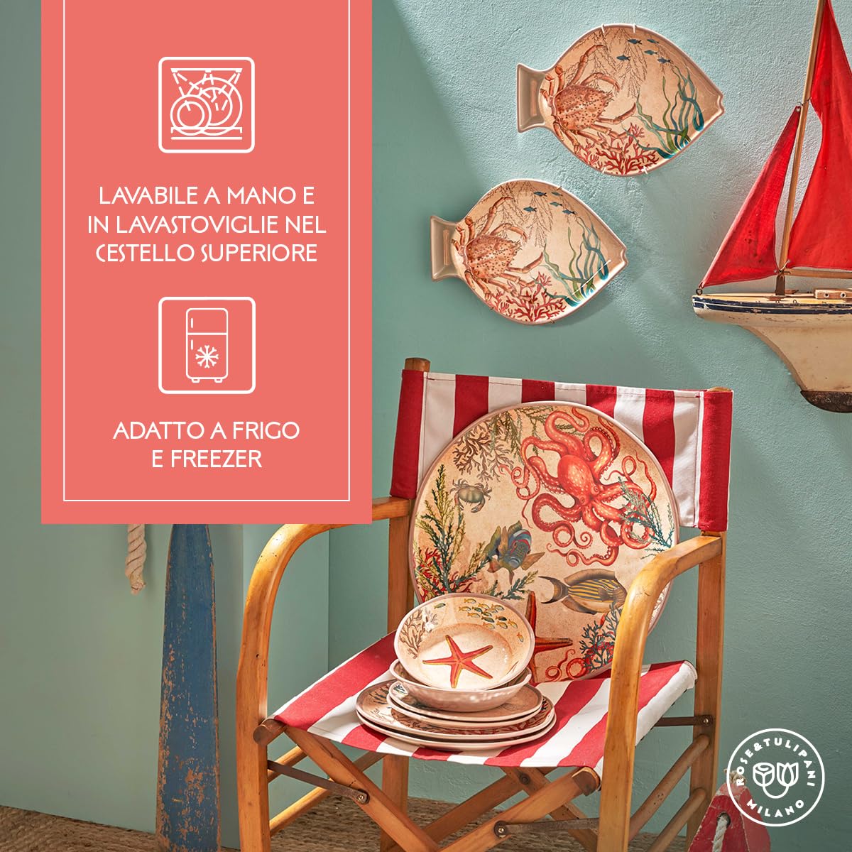 Thun Rose & Tulipani - Insalatiera con Decorazioni del Mondo Marino in Melamina, Idea Regalo, Linea Sea Life, Ø 36 cm