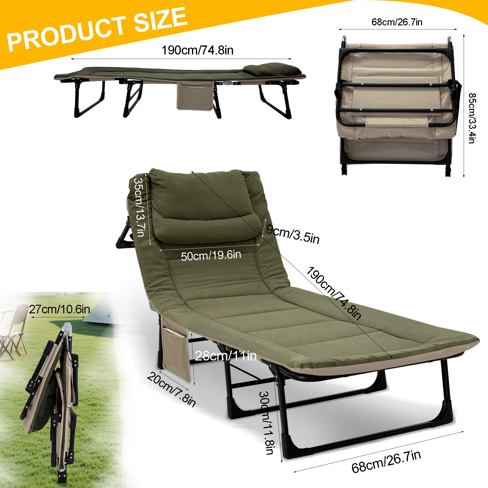 Brandina da Campeggio Lettino Letto Pieghevole Portatile, Schienale regolabile in 6 posizioni con Materasso Lettino Carpfishing 68x190x30 cm, Branda Pieghevole Caricabile 150 kg per Esterno Giardino