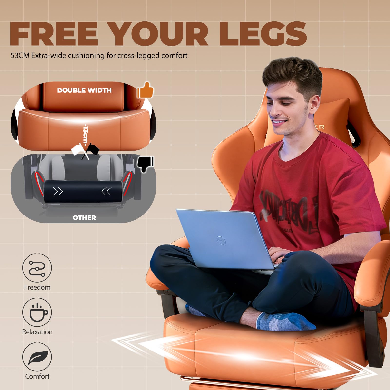 GTPLAYER Sedia da gioco, traspirante, sedia da ufficio, ergonomica, in tessuto di alta qualità, ergonomica, schienale regolabile a 160°, poggiapiedi estraibile,carico 180 kg,arancione