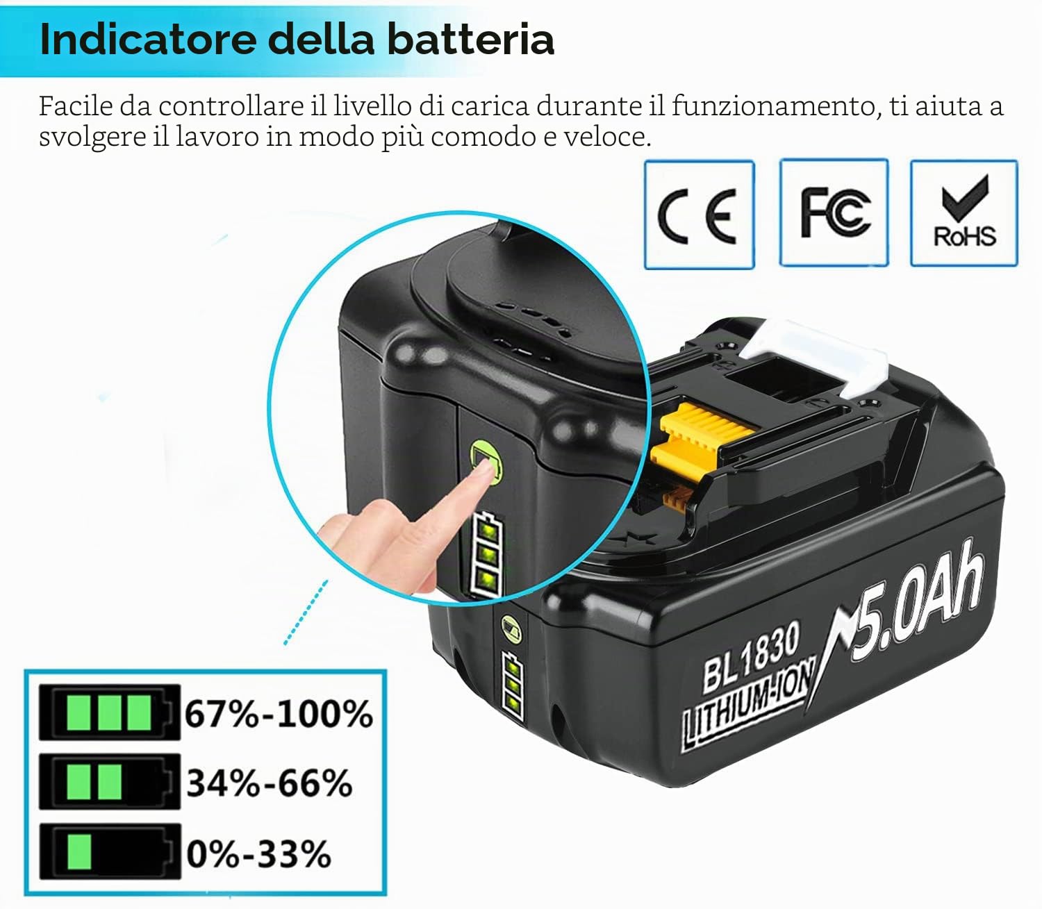 Bonadget Batteria di ricambio 18V 5.0Ah per caricabatterie 3A DC18RC compatibile con caricabatterie 14.4V18V BL1830 BL1850 BL1840 BL1860 BL1820 ecc. DC18RC DC18RD DC18SF