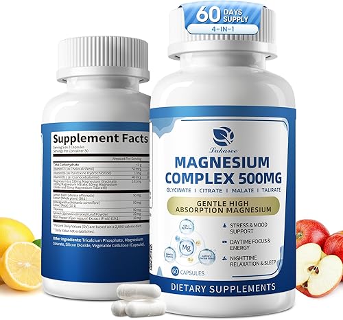 Miniatura 1 de Complejo de magnesio 500 mg  Glicinato de magnesio, citrato, malato, taurato 4 en 1, con D3, B6, B12 y mezcla de hierbas, veganas, cápsulas sin OMG