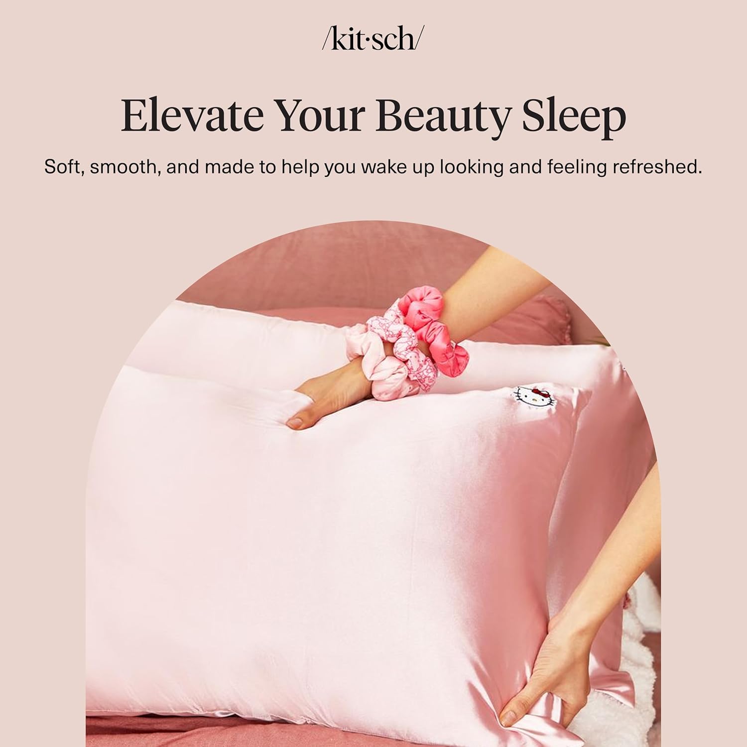 Kitsch x Hello Kitty Pillow Case – Solid Pink Kitty Face Toddler Bed Time Satin Pillowcase with Zipper – Soft Cooling Pillow Cover for Hair & Skin – Better Than Silk Pillowcase – Queen/Standard 19x26 - Image 9