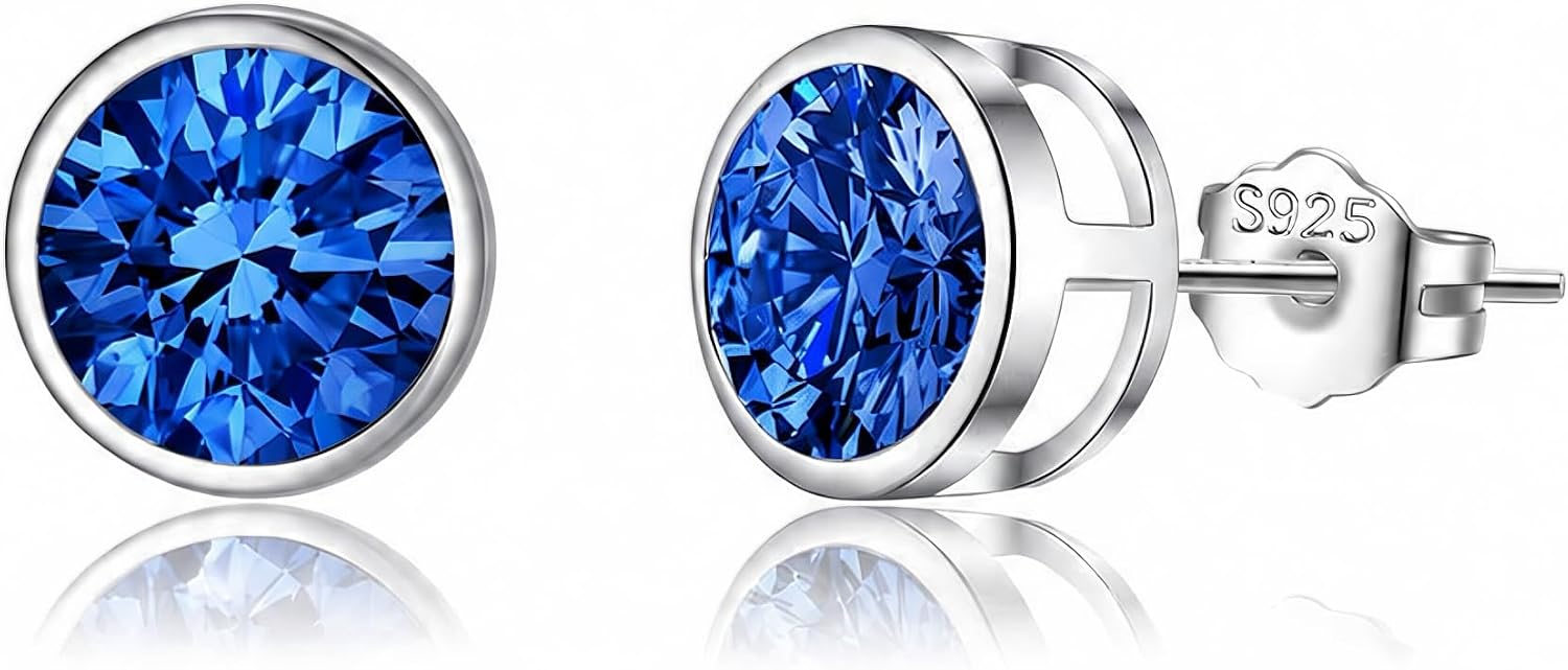 SLUYNZ Solid 925 Sterling Silver Round CZ Birthstone Earrings Stud for Women Teens Sparkling Birthday Stud Earrings