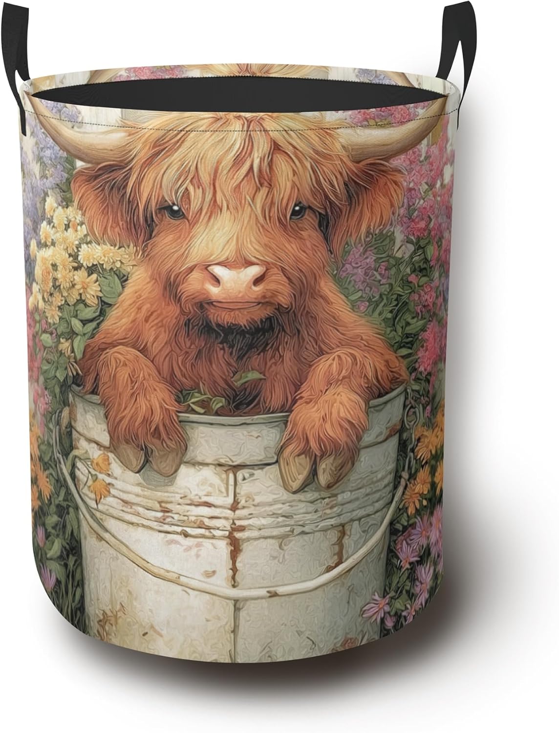 Highland Cow Laundry Hamper with Handles,Flower Floral Collapsible Waterproof Storage Basket for Dirty Clothes Books Round Organizer Bin for Bathroom Bedroom College Dorms 16" x 20.8"