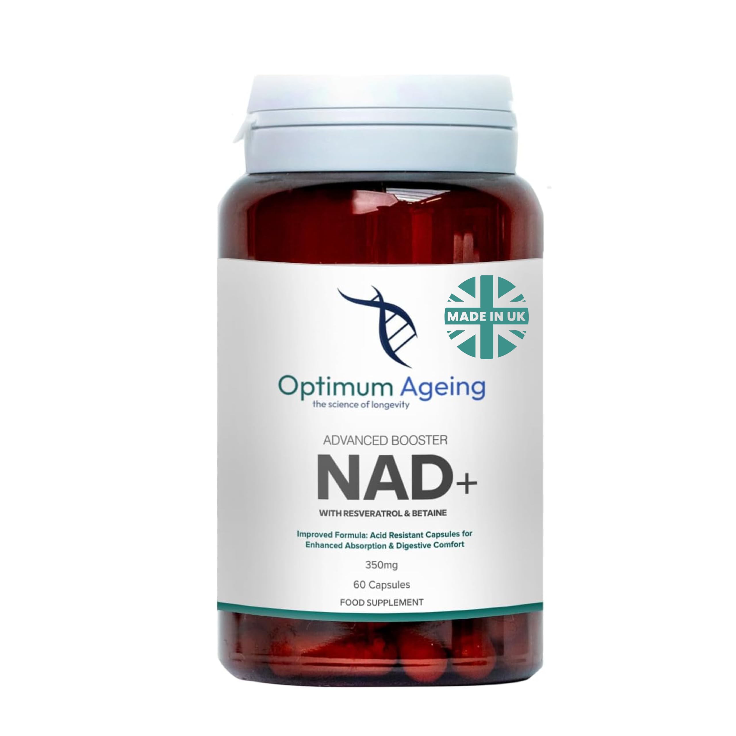 – OptimumAgeing NAD+ Supplements UK 60 x 350mg | Made in UK & Third Party Tested | Vegan Advanced NAD Resveratrol Supplement | Supports Cellular Energy & Metabolism | Slow-Release Capsules