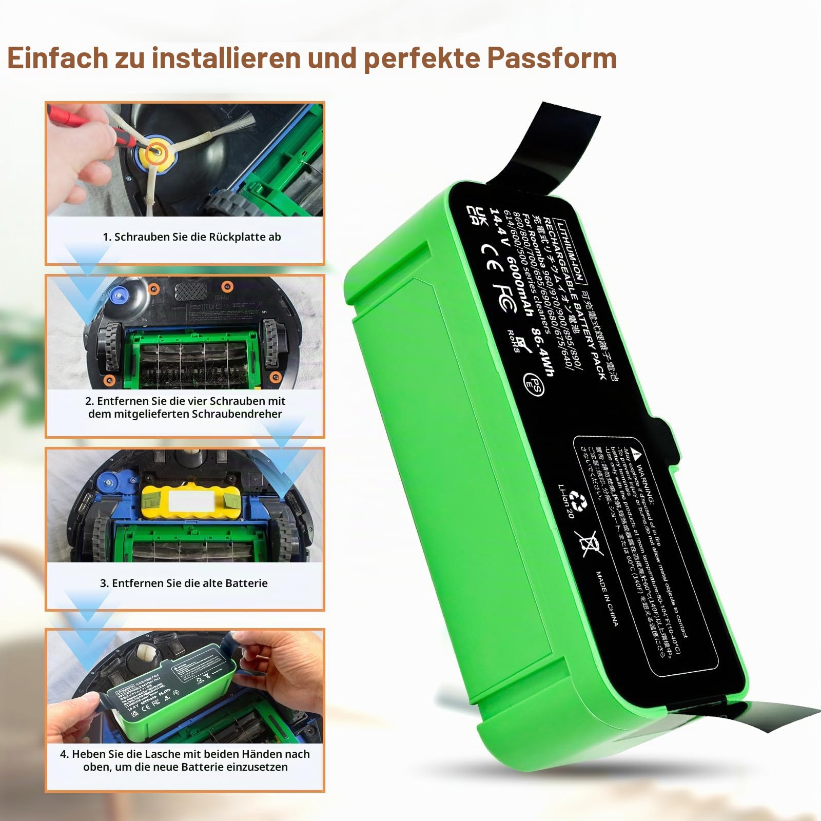 6000mAh Ersatzakku Kompatibel für iRobot Roomba 500 600 600 700 800 900 Serie für Roomba 960 981 970 965 895 891 890 801 805 850 860 695 690 685 680 677 675 671 671 652 670 640 665 614 615