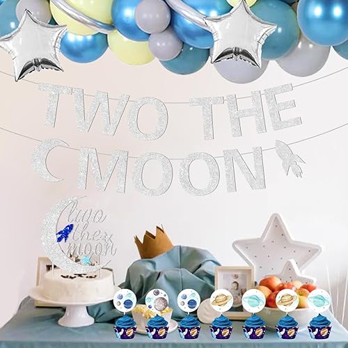 Miniatura 5 de 94 decoraciones de fiesta de segundo cumpleaños con temática espacial con dos carteles de la luna, globos de aluminio de luna plateada y estrellas,