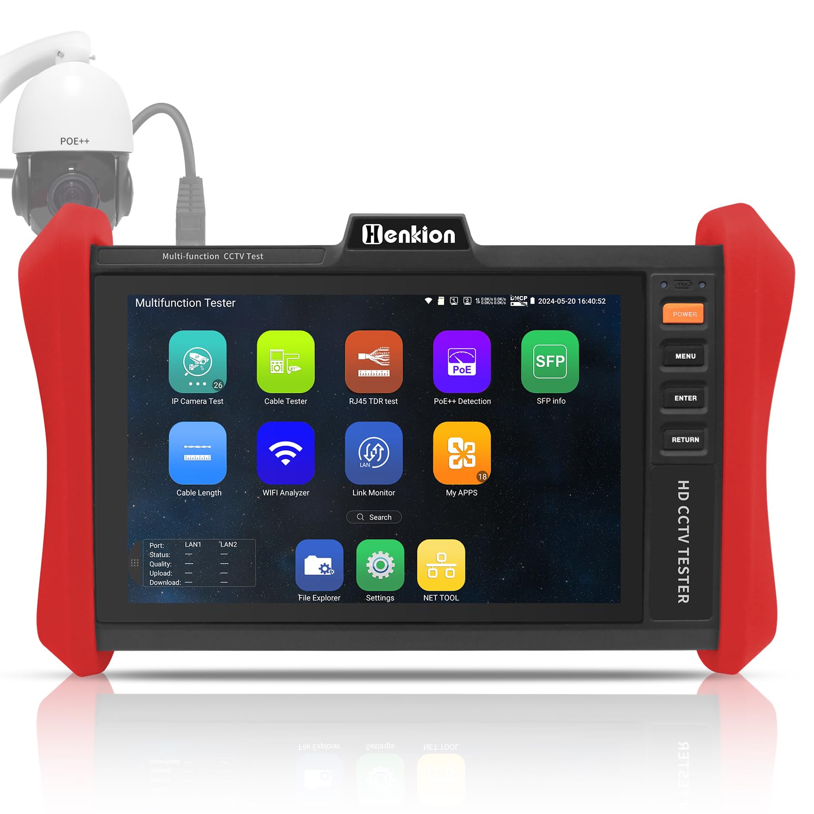 Henkion CCTV-Tester Monitor 4K 12MP ip kamera tester POE++ Max. 90W POE-Kameratest 8" 1920x1200 IPS-Touchscreen 1CH SFP-Modul WLAN-Netzwerk-Tools Kabeltest POE-Erkennung Energiemanagement App-Updates