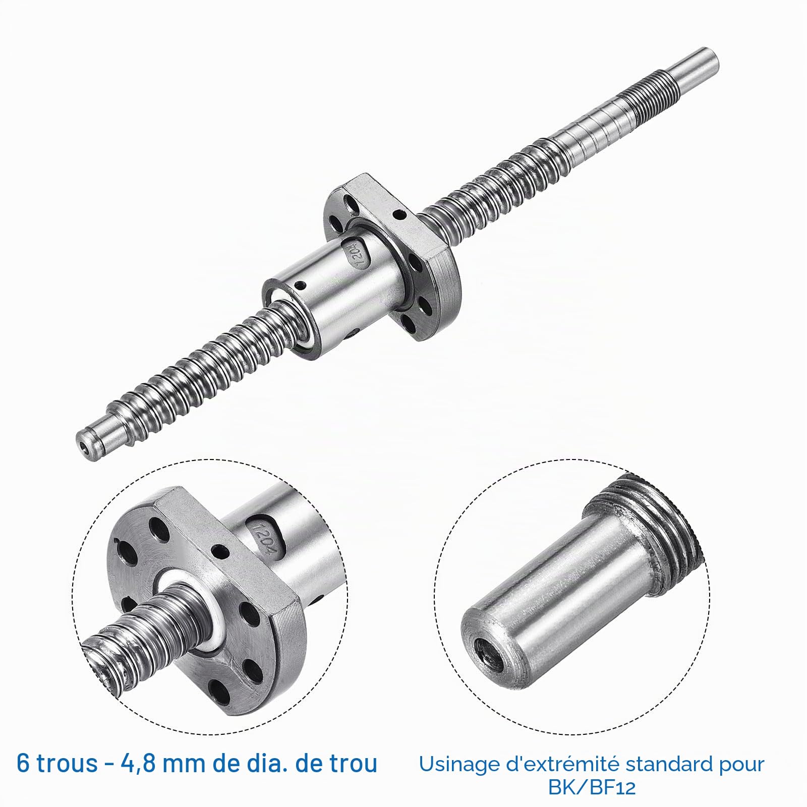QUARKZMAN Vis à billes SFU1204 (Diamètre 12mm, Pas 4mm, Longueur 200mm) avec écrou de vis à billes Kit de vis à billes anti-jeu standard Usinage d'extrémité pour pièces de machine CNC