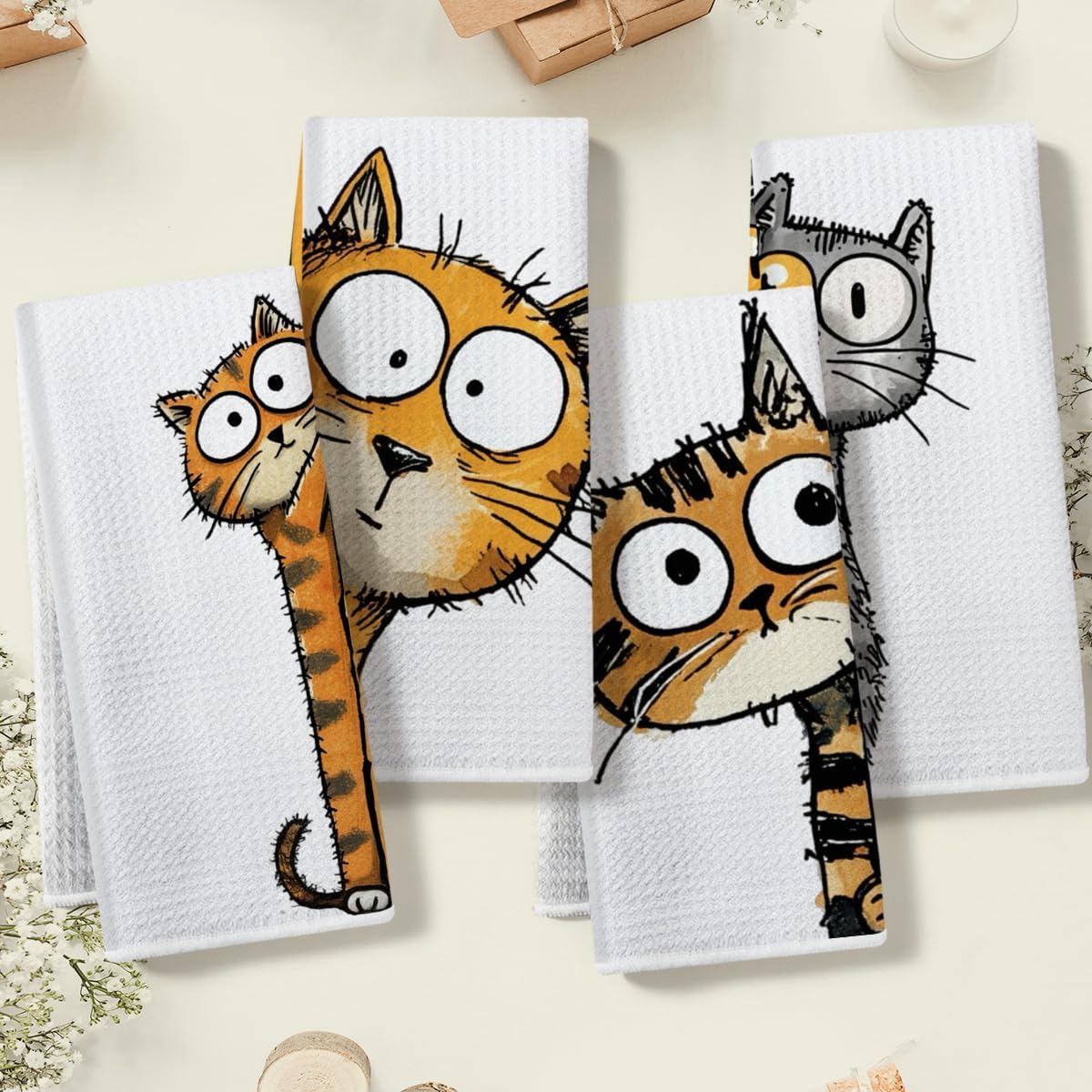 4 Pcs Funny Cat Kitchen Towels, Cute Cats Gifts Absorbent Tea Towel image 3