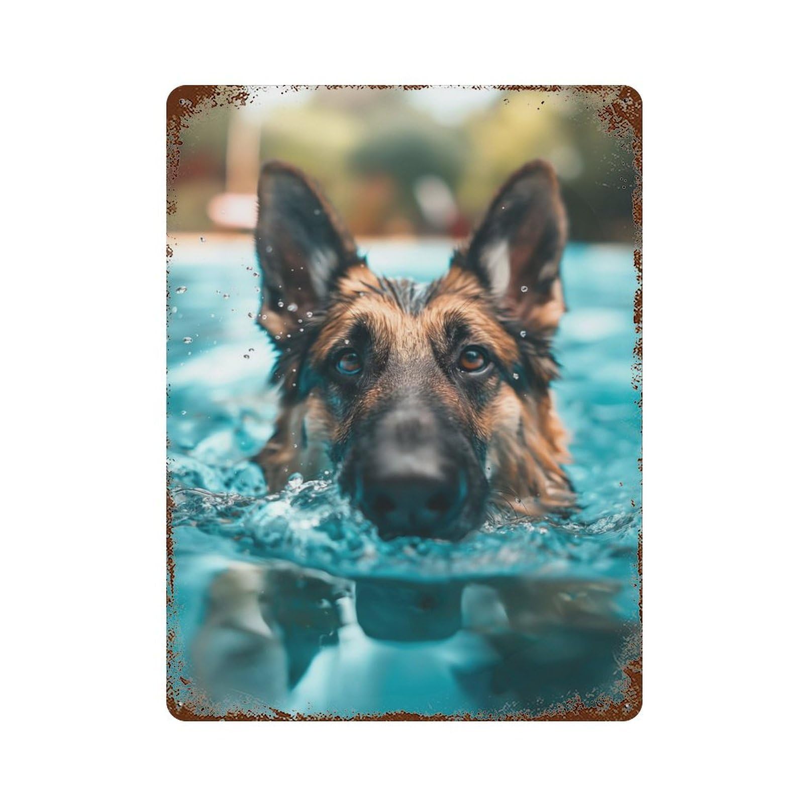 German Shepherd Pool Sunny Rusty Metal Tin Sign 15.7"x11.8", Ideal for Farmhouse, Kitchen And Entryway Decor