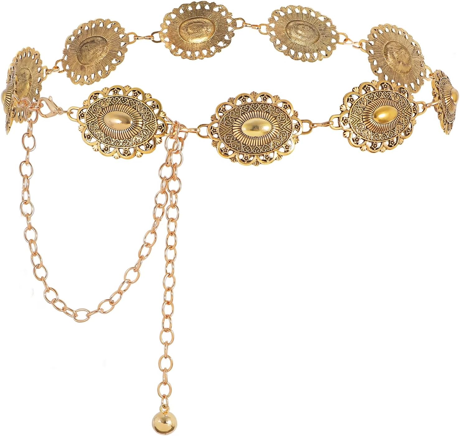 Western Concho Chain Belt for Women, Adjustable Boho Metal Waist Chain Cowgirl Vintage Belt for Dresses Jeans Country Concert Outfit