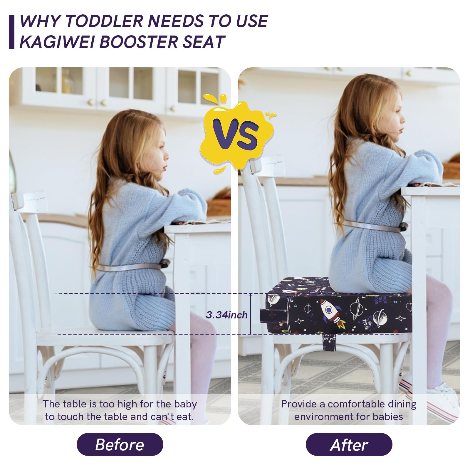 Rialzo da Sedia per Bambini, Cartoon Cuscino Rialzo per Bambini Cuscino per Sedia Seggiolino Regolabile Lavabile Smontabile con 2 Cinghie per Sedia da Pranzo