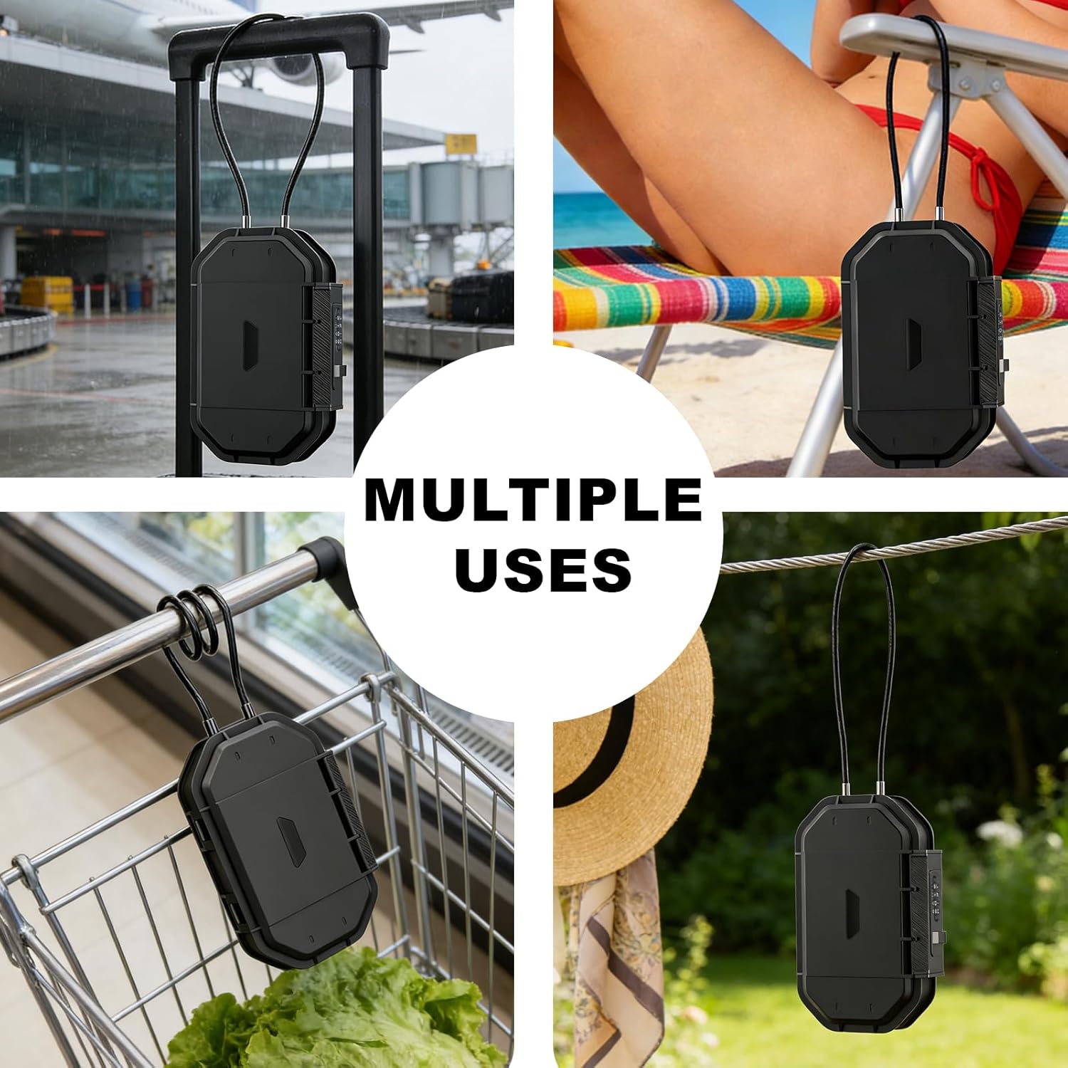 Portable Travel Safe Lock Box with 4-Digit Combination Lock - Waterproof Anti-Theft Security Box for Beach, Hotel, Car, Dorm - Includes Removable Steel Cable for Phone, Passport, Cash