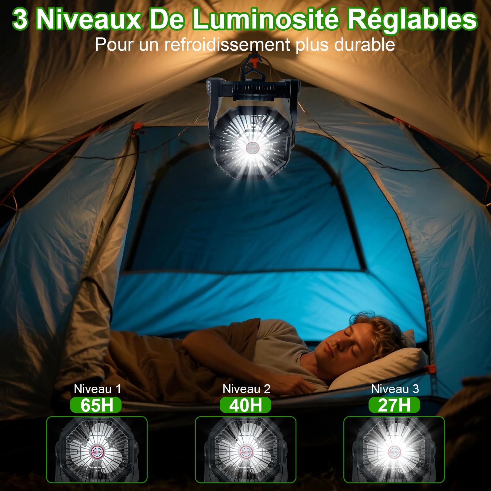 Ventilateur de Camping, Ventilateur Portable Rechargeable 10000mAh 4 Vitesses, Ventilateur USB Silencieux avec Lumière LED, pour Maison Camping