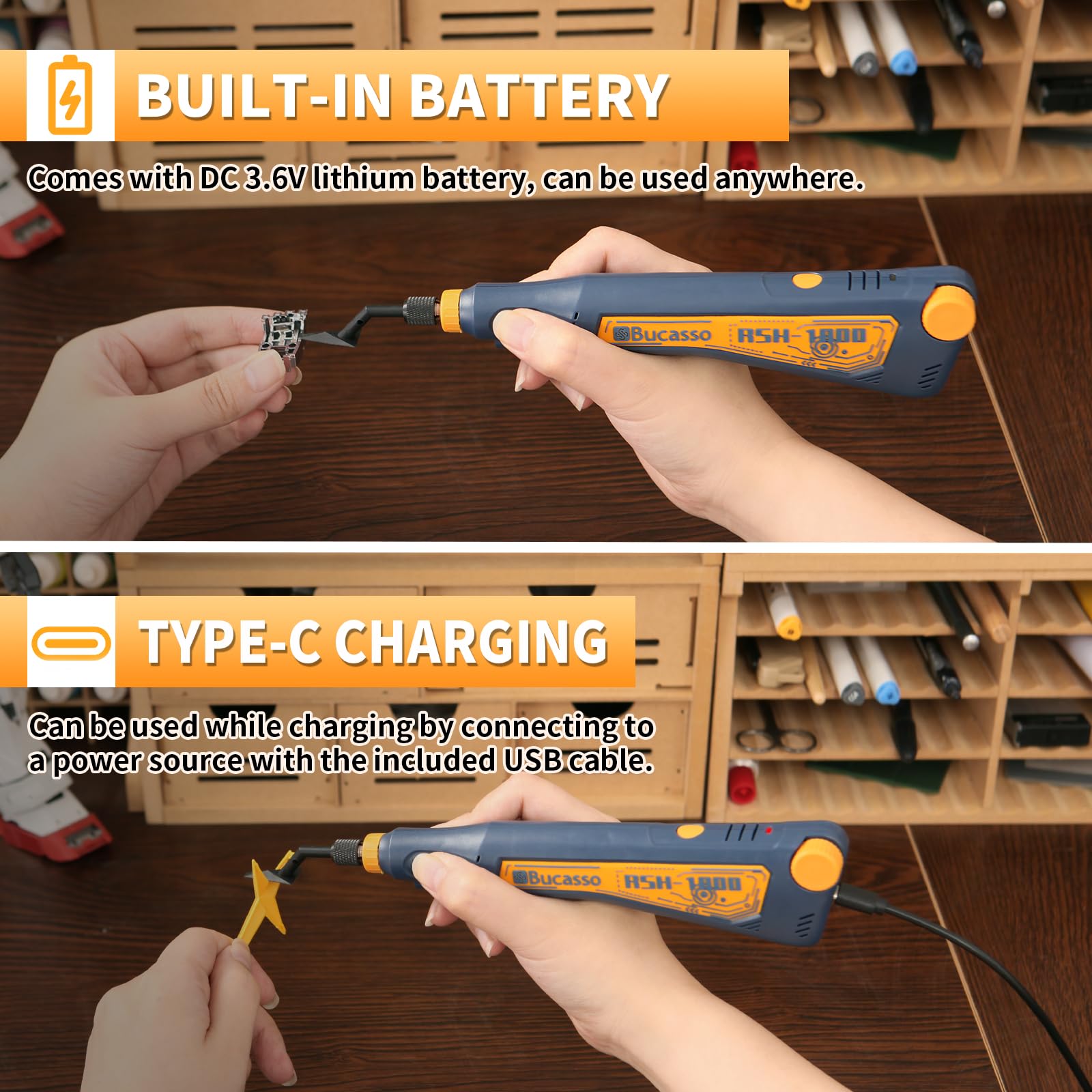 Bucasso Reciprocating Sander, Variable Speed and USB Charging with LED Light, Pen Sander with 6 pcs Sanding Head - Image 4