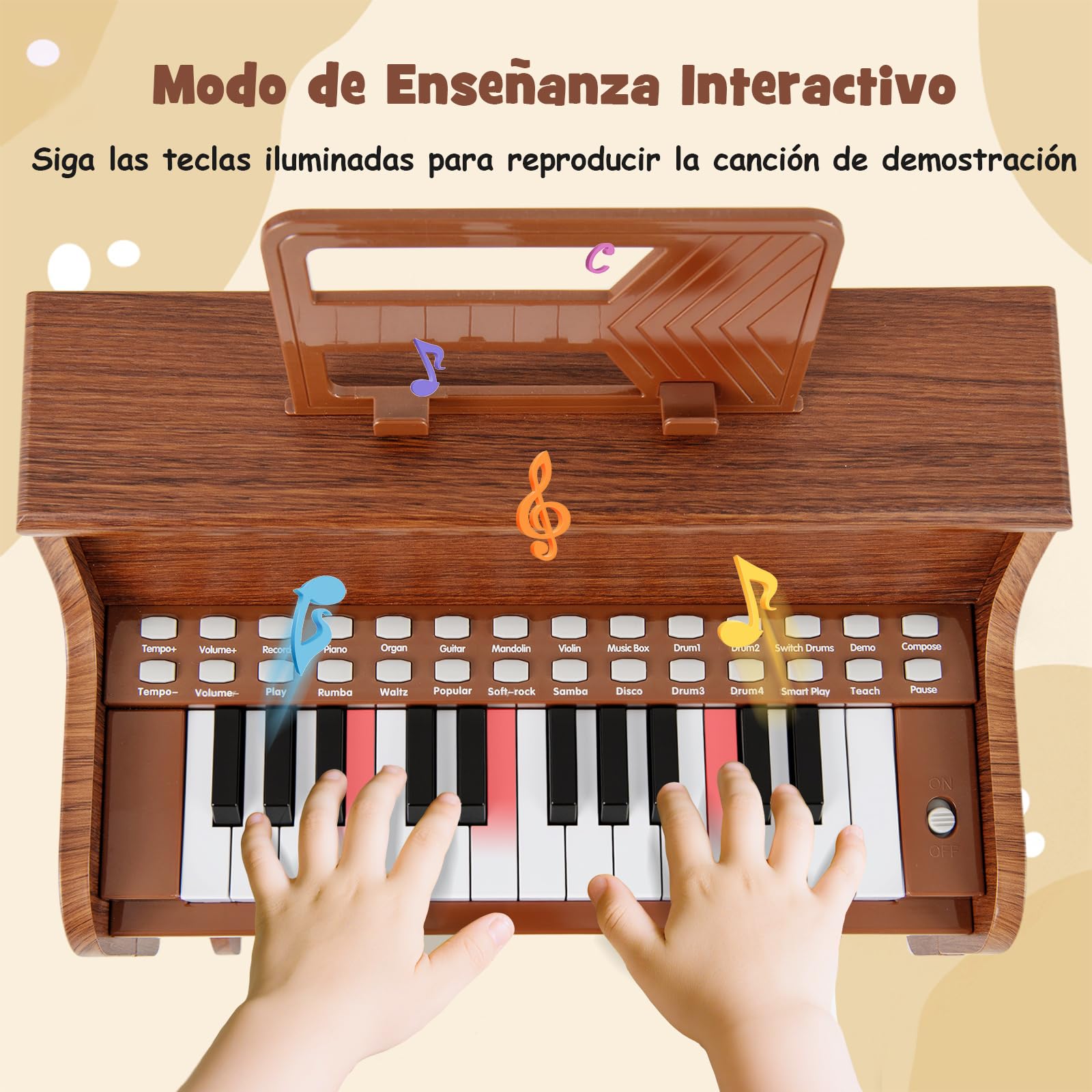 COSTWAY Piano Infantil de 25 Teclas con Taburete y Atril, Órgano Electrónico Niños con Velocidad y Volumen Ajustables, Modo de Enseñanza, Marco Madera, Instrumento Musical para Niños 3+ Años (Marrón)