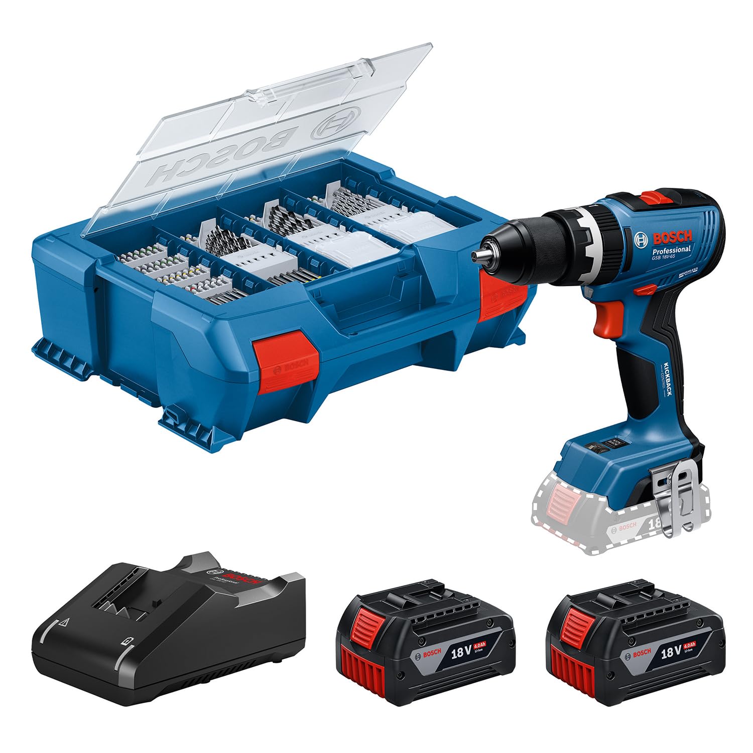 Bosch Professional 18V System atornillador a batería GSB 18V-65 (motor Brushless sin escobillas, longitud del cabezal 175, 2 baterías GBA 4.0Ah, 82AC, L-Case)