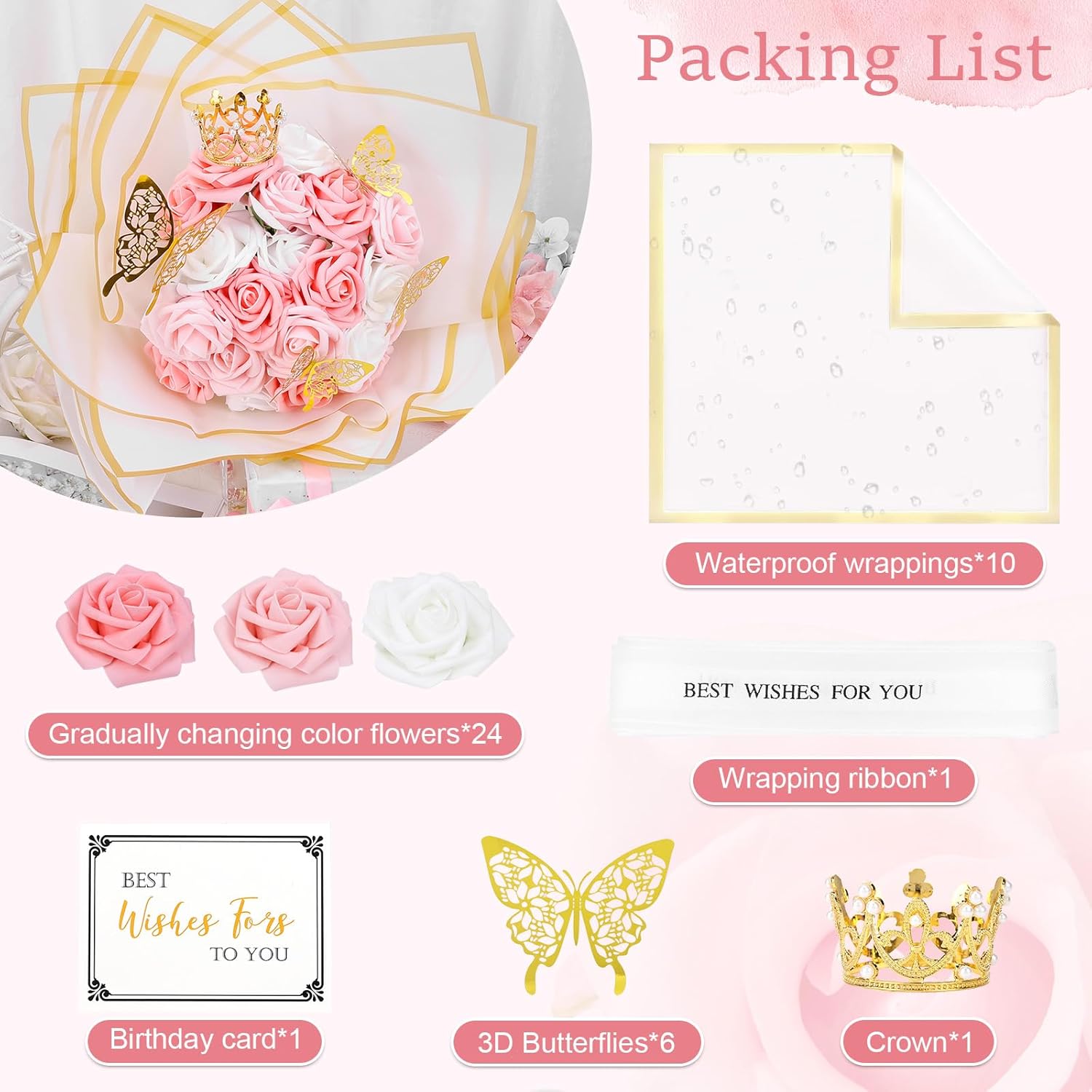 Pink Flower Bouquet Kit, Artificial Pink Rose Bouquet Everlasting Flowers Fake Bouquet for Valentines, Anniversary, Engagement, Wedding, 24 Roses - Image 7