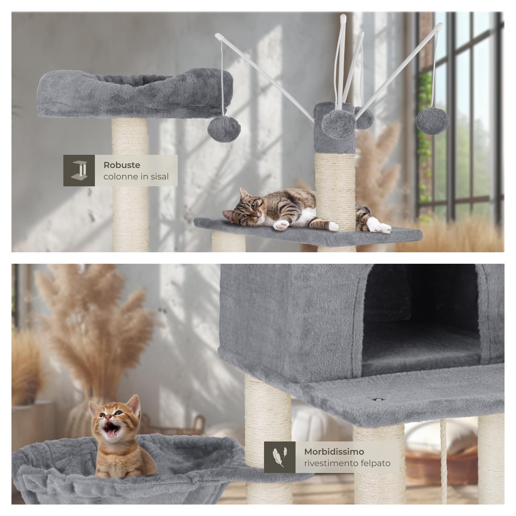 tectake® Albero Tiragraffi per Gatti con Colonne in Sisal, Tiragraffi Gatto con Cuccette e Comoda Casetta, Tiragraffi con Piattaforma Panoramica, Rivestimento in Morbido Peluche - Grigio