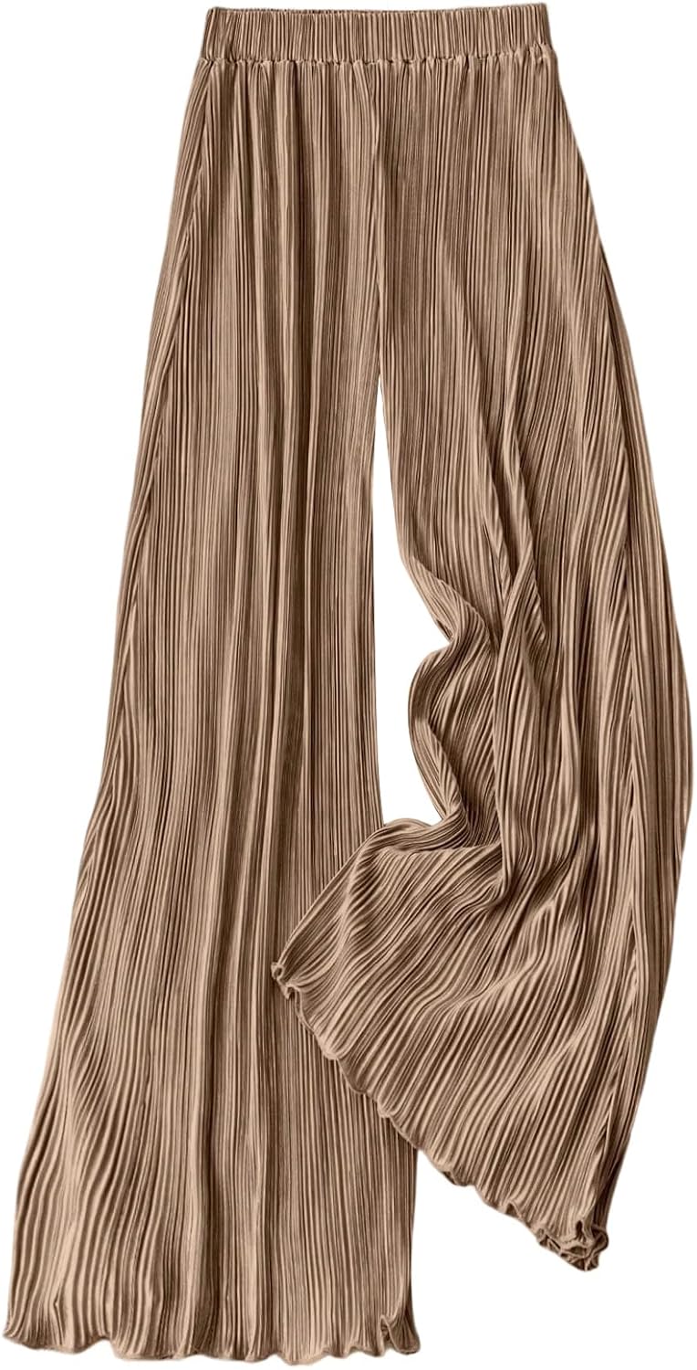 GORGLITTER Women's Silk Satin Wide Leg Pants Dressy Flowy Pleated Trousers Business Casual Work Palazzo Pants Casual