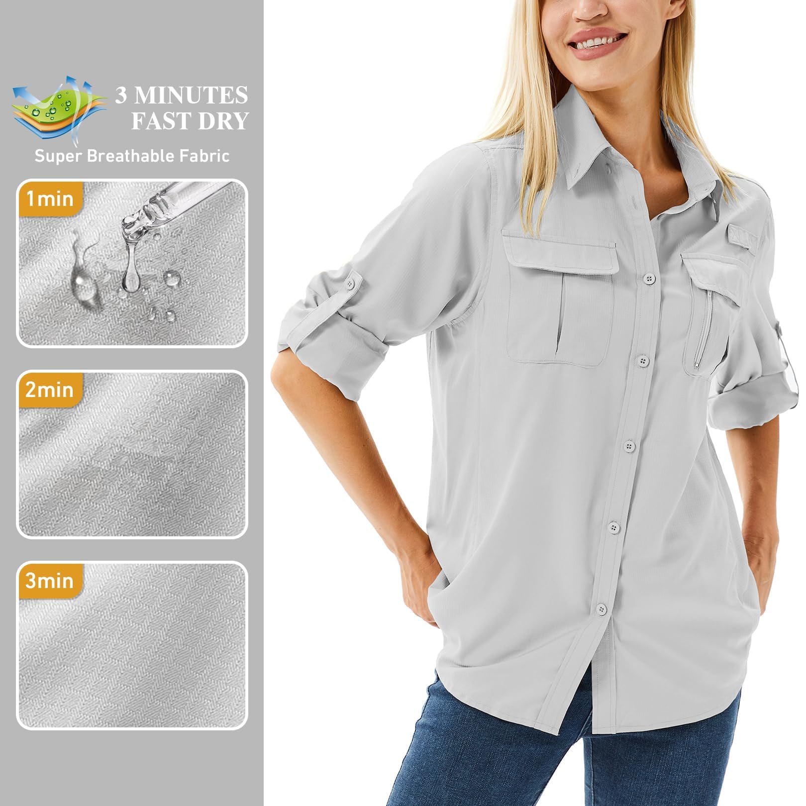 Camicie da donna lunghe da trekking top da donna manica protezione solare UV asciugatura rapida casual all'aperto safari passeggiate pesca escursionismo viaggi camicie