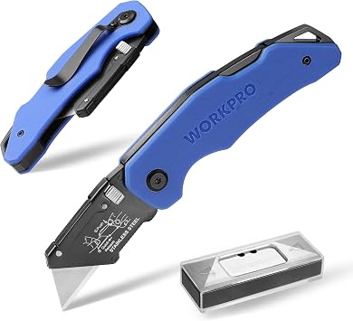 WORKPRO Folding Utility Knife G10 Handle with Stainless Steel Head, Quick-change Blade & Back Lock, Heavy Duty Box Cutter, 1PC Razor Knife with Extra 10PC SK5 Blades
