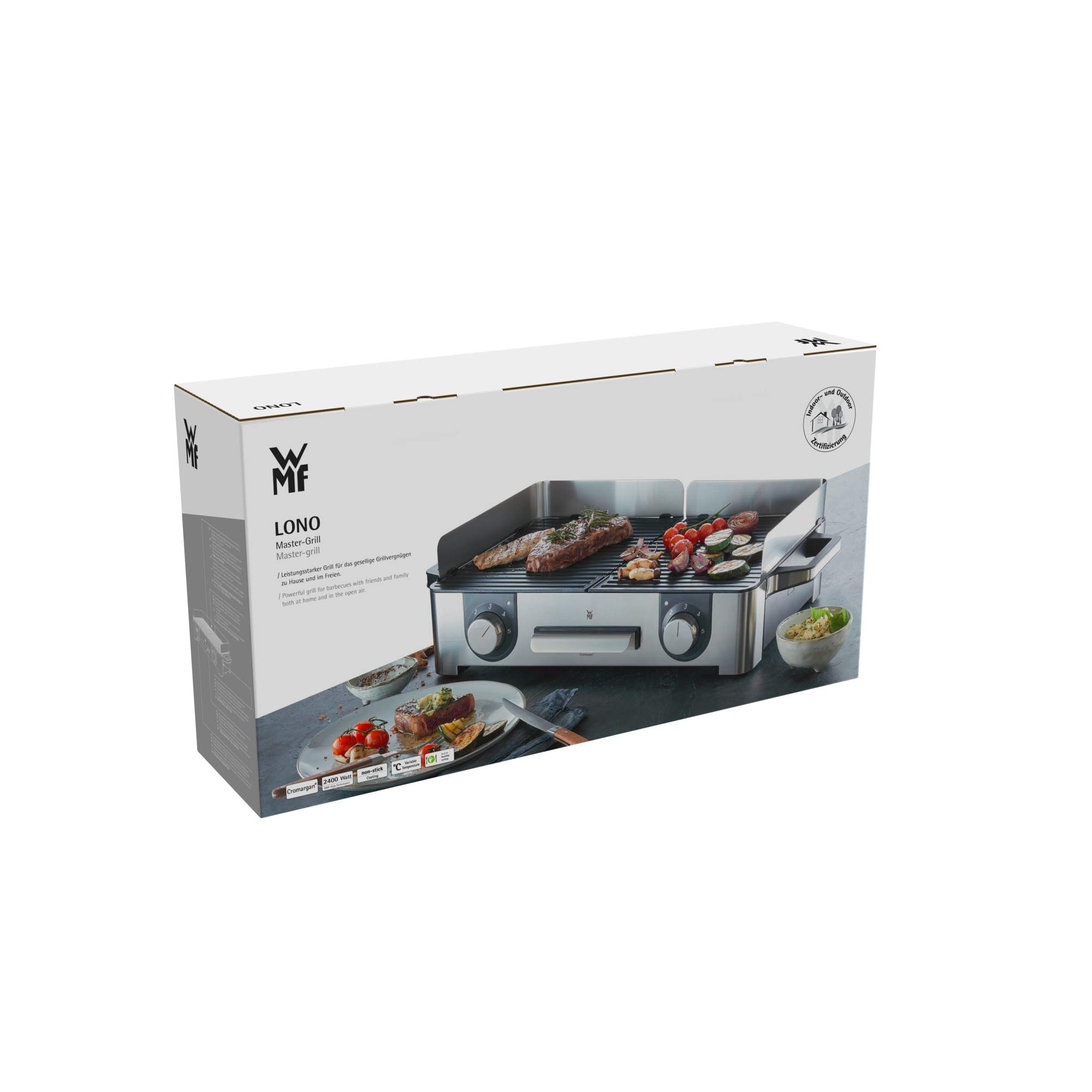 WMF Master Grill Lono, Griglia Elettrica per Interni ed Esterni con 2 Piastre Antiaderenti in Alluminio 28x50cm, Base in Acciaio Inox 18/10, Temperatura Regolabile, Facile da Pulire, 2400 W