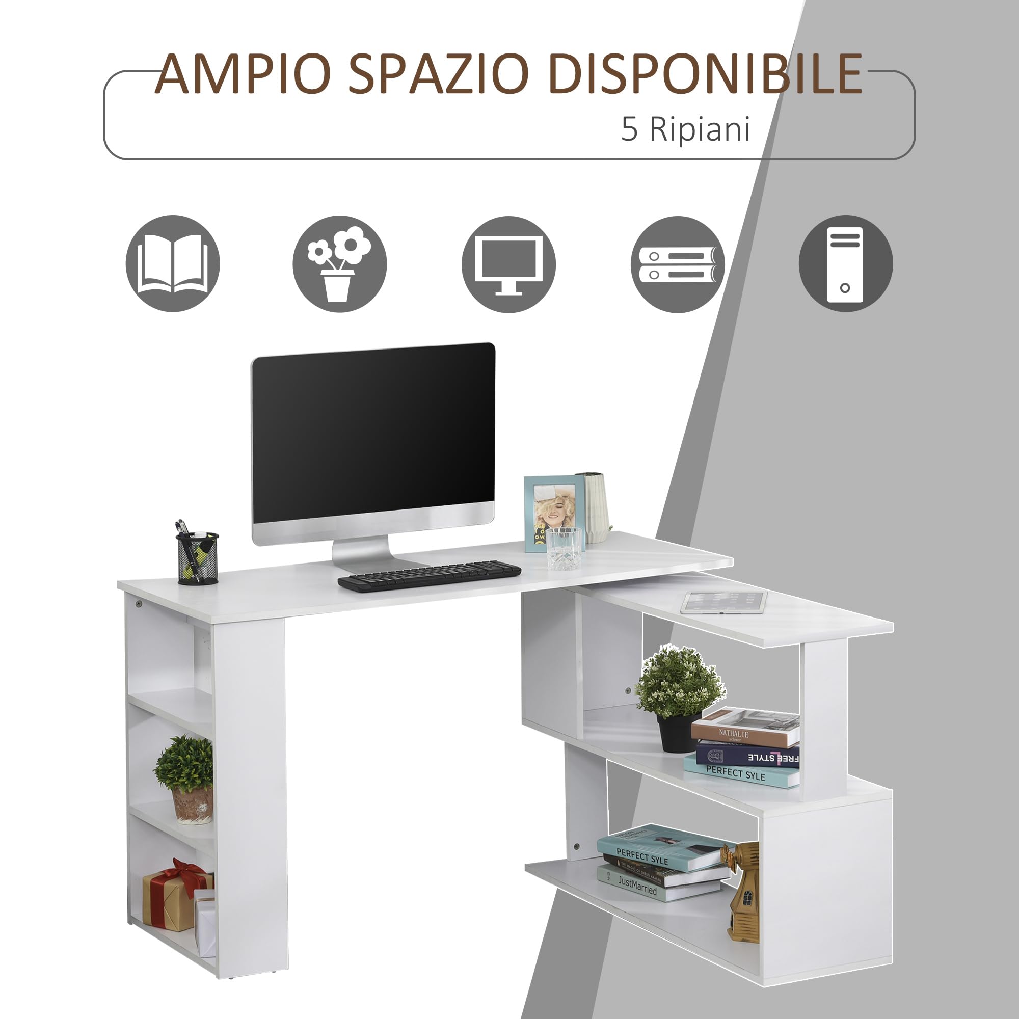 HOMCOM Scrivania Angolare Reversibile con 5 Ripiani Portaoggetti, Scrivania ad Angolo per Computer in Legno, per Ufficio, Soggiorno e Studio, Stile Industriale, 120x110x74.5 cm, Bianco