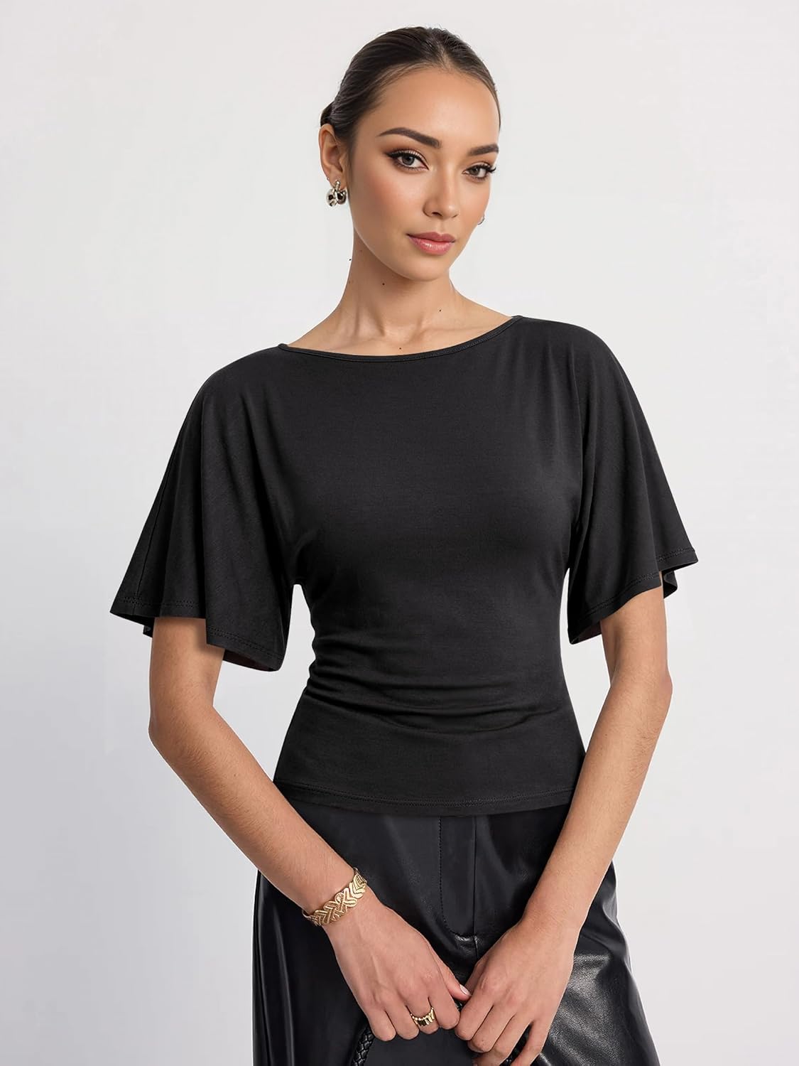 Nlife Women's Flutter Sleeve Tops Tie Back Waist Blouse Boat Neck Flattering Elegant Slim Fit Summer Casual Shirt - Image 4