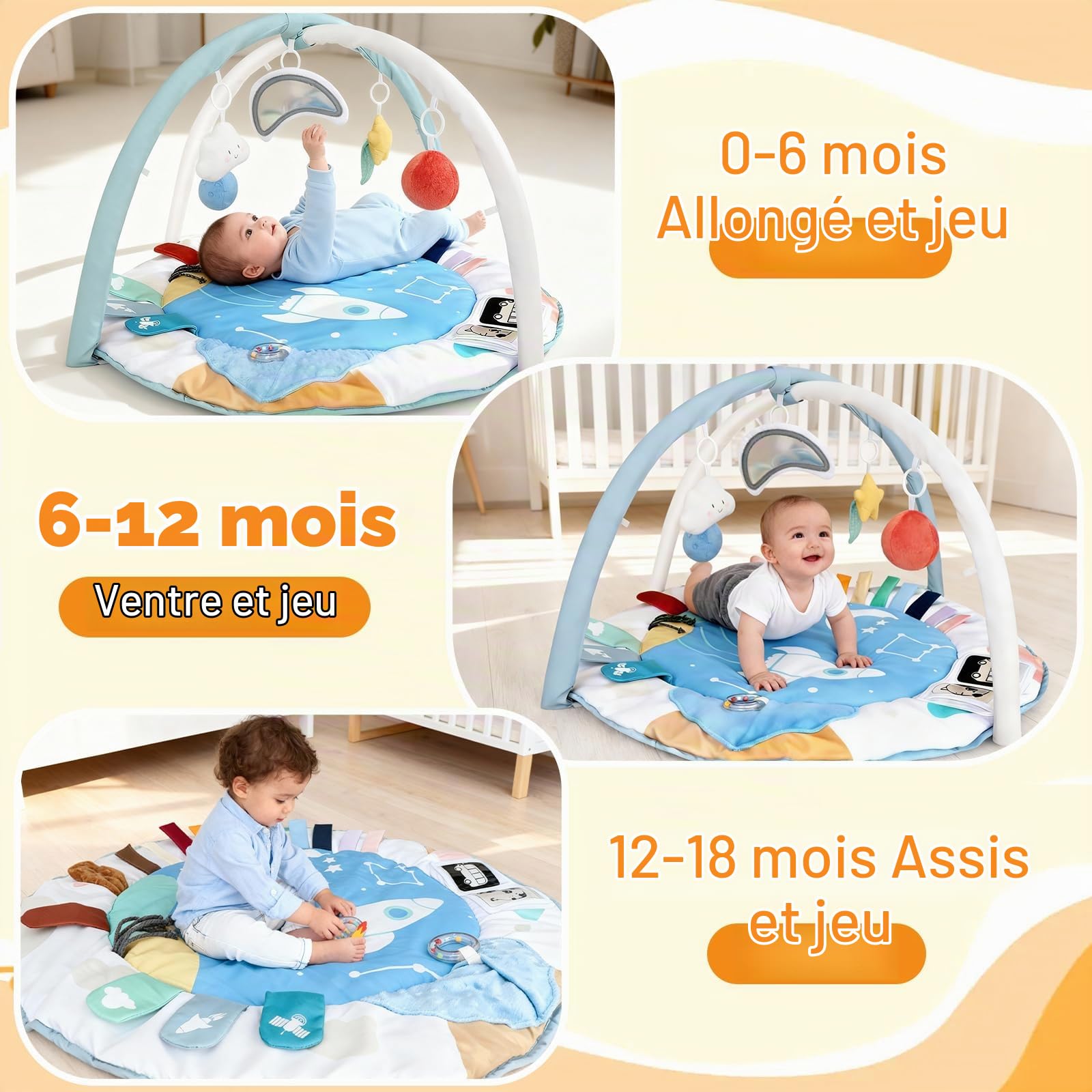 LabTEC Tapis d'éveil pour bébé, tapis d'activités, avec 5 zones de développement et 5 jouets sensoriels amovibles pour stimuler la motricité et le développement sensoriel (bébés de 0 à 18 mois)