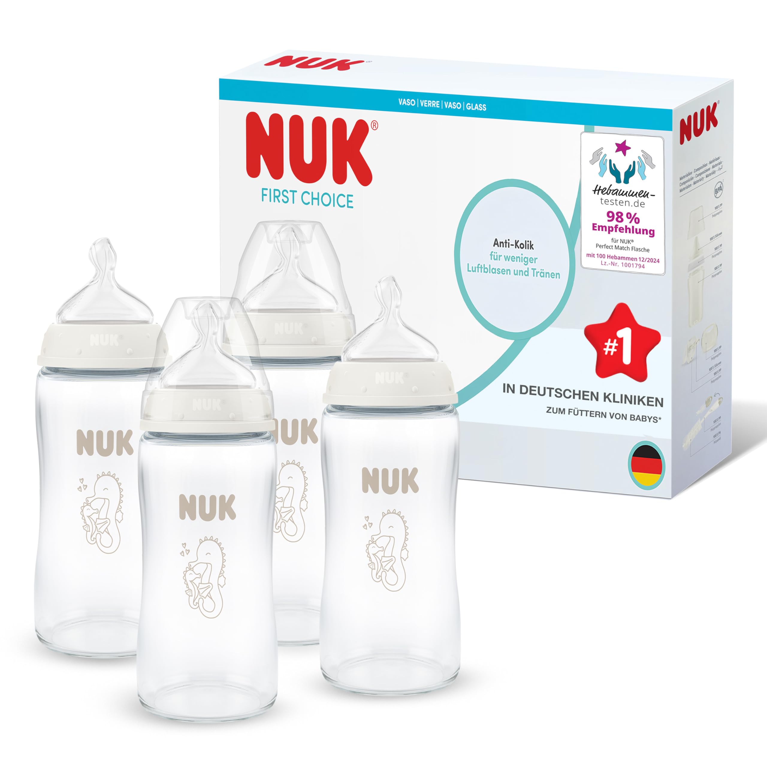 NUK First Choice Butelki dla niemowląt | 3+ miesiące | 240 ml | Butelka antykolkowa | Szkło | Wskaźnik kontroli temperatury | Konik morski | 4 sztuki