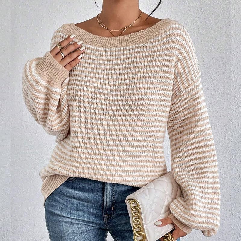 Women's Sweater Tops One Neck Strapless Knit Sweater Clashing Stripe Lantern Sleeve Sweater Autumn and Winter Models Sweater4
