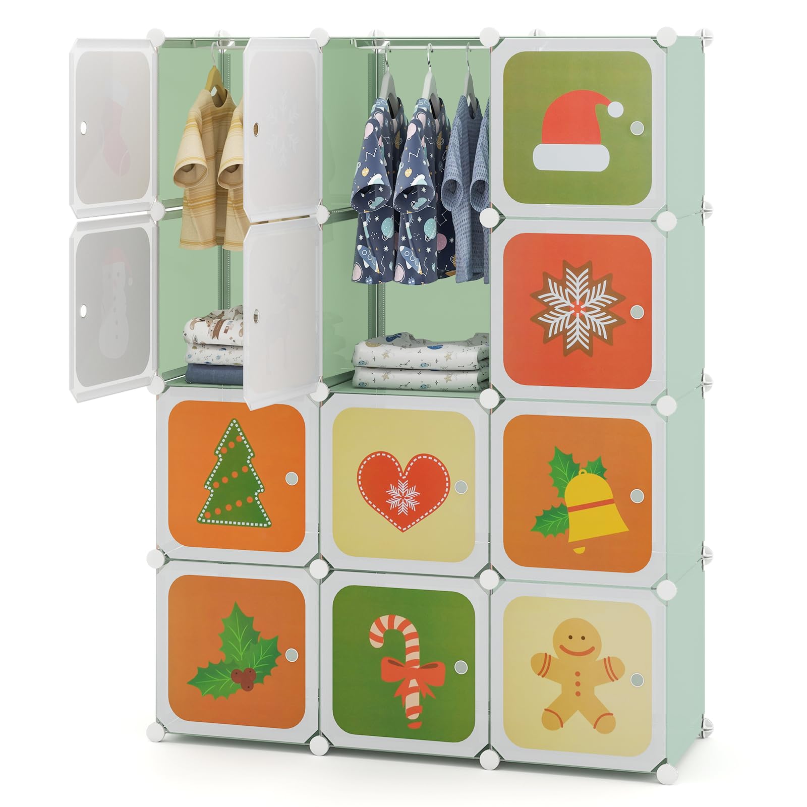 COSTWAY 8/12 Cube Children Clothes Closet, Cartoon Modular Wardrobe with Hanging Sections, Kids Storage Unit for Children Room, Nursery, Bedroom