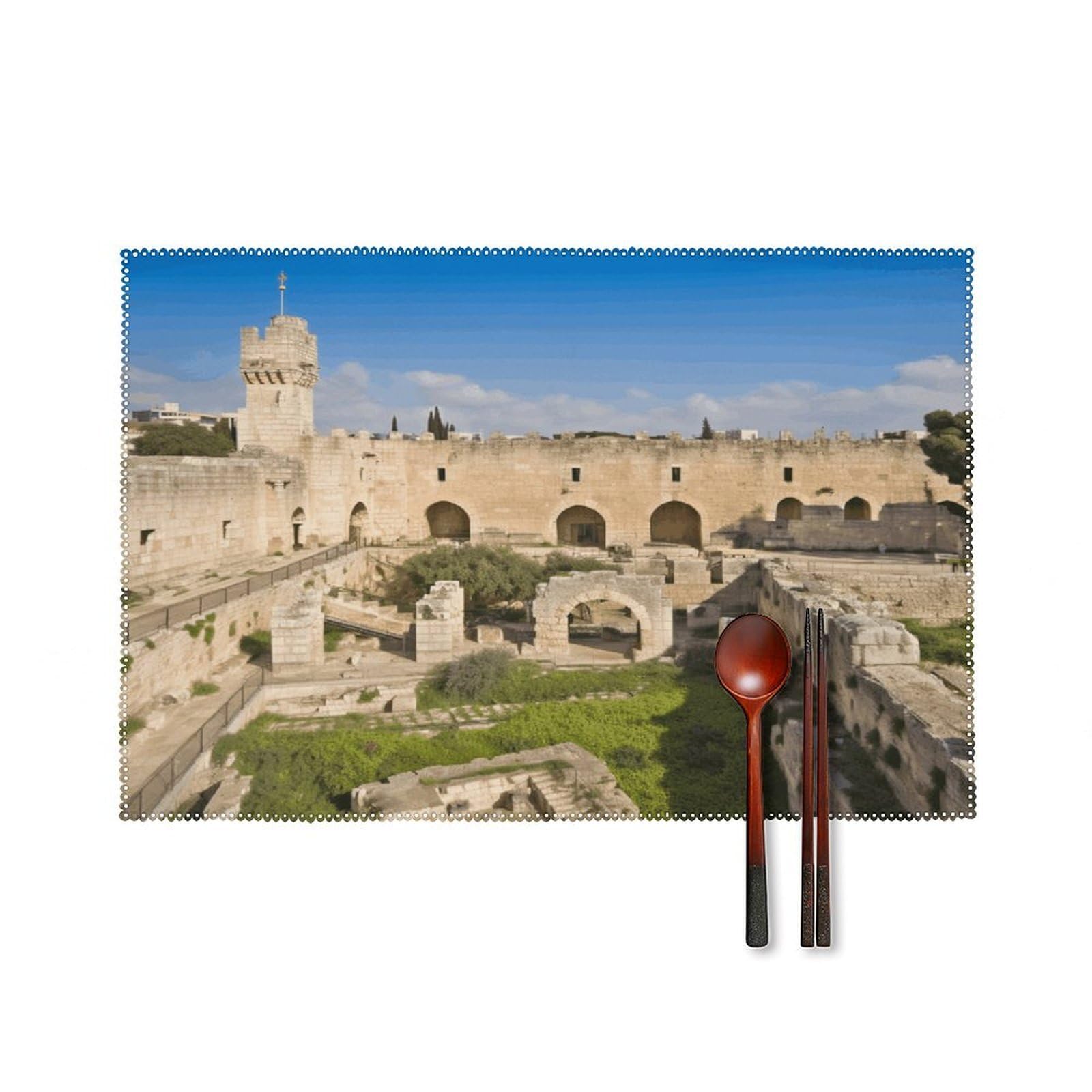 Israel at The Tower of David Placemats Set of 4 Heat Resistant Non-Slip Place Mats for Dining Table Washable Placemat Wipeable Dining Table Mat Canvas Place Mats Dining Table Decor
