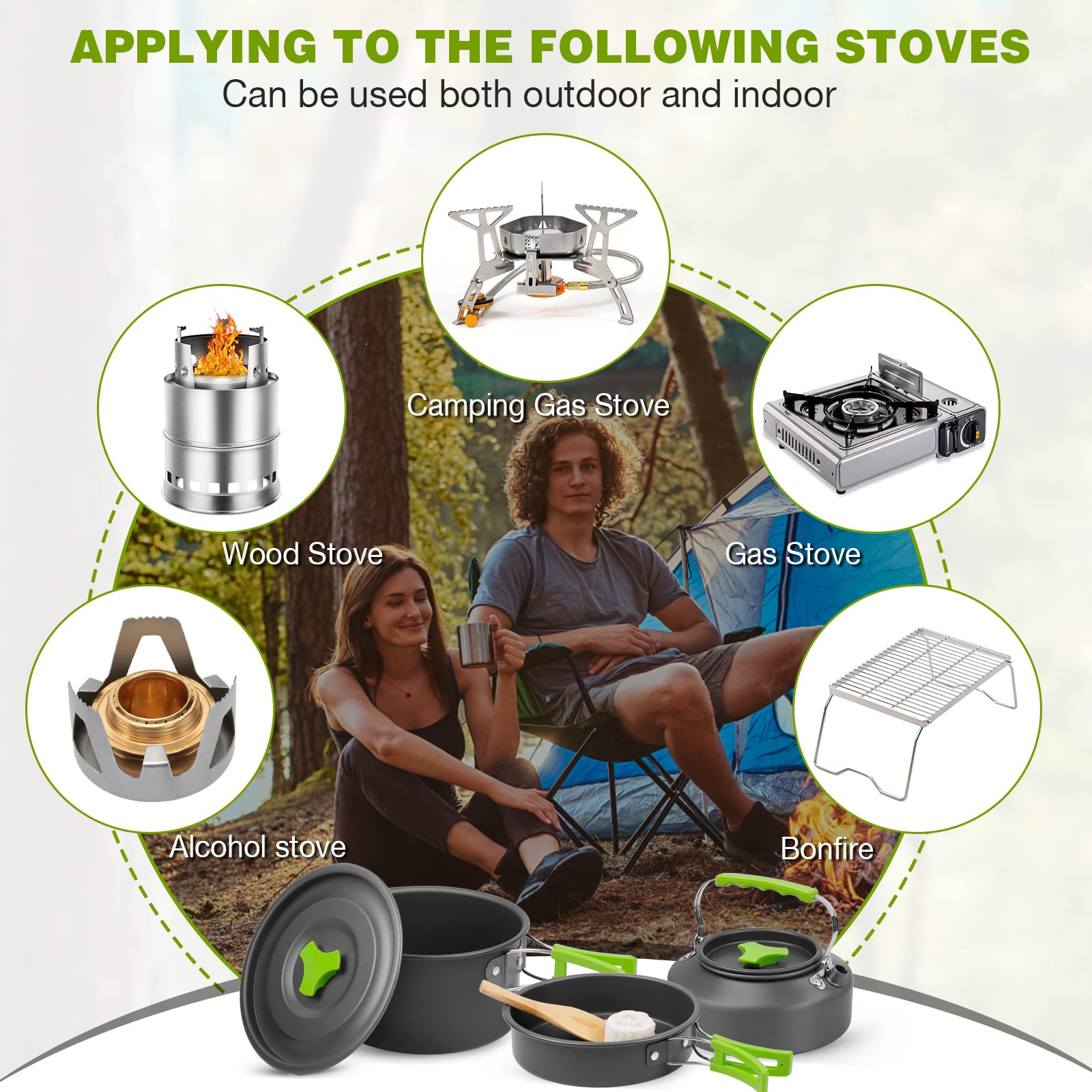 Juego de Cocina para Acampar, 14 Piezas Camping Cookware Outdoor Utensilios Cocina Camping Ollas de Aluminio Ligero Plegables Set de Ollas Camping, para 2-3 Personas Camping Senderismo