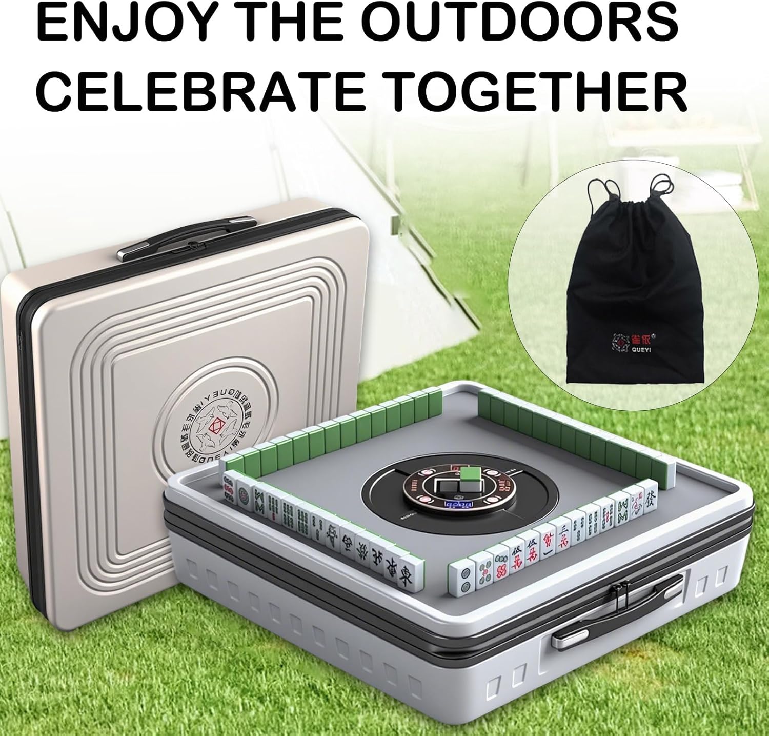 Automatic Mahjong Table, Portable Electric Mahjong Table with 152 Magnetic Tiles incl. Joker Tiles, for Outdoor & Home Fun, Compatible with Both Chinese and American Mahjong, White