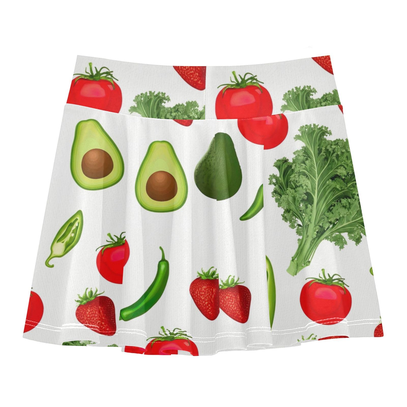 CHIFIGNO Colorful Vegetables Fruits White Little Girls Tennis Skirts with Shorts 2-in-1 Athletic Skorts Active Running Skirt Size 9-10