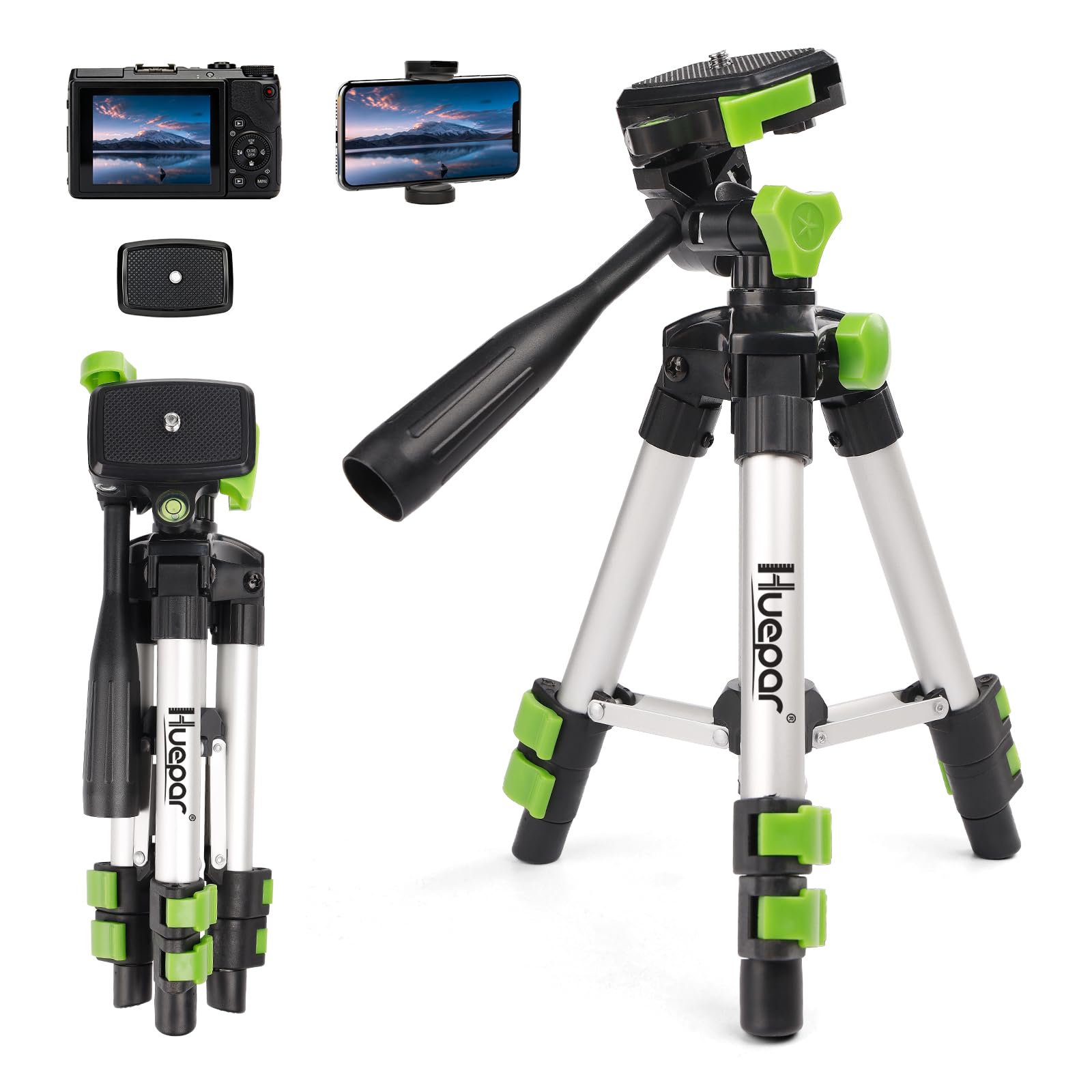 Huepar Trípode Aluminio 50cm para Nivel Láser y Smartphone, Equipado con una Cabeza panorámica de 3 vías, Nivel de Burbuja, Rosca 1/4"-20, Soporte para Móvil y Bolsa de Transporte,TPD05A1