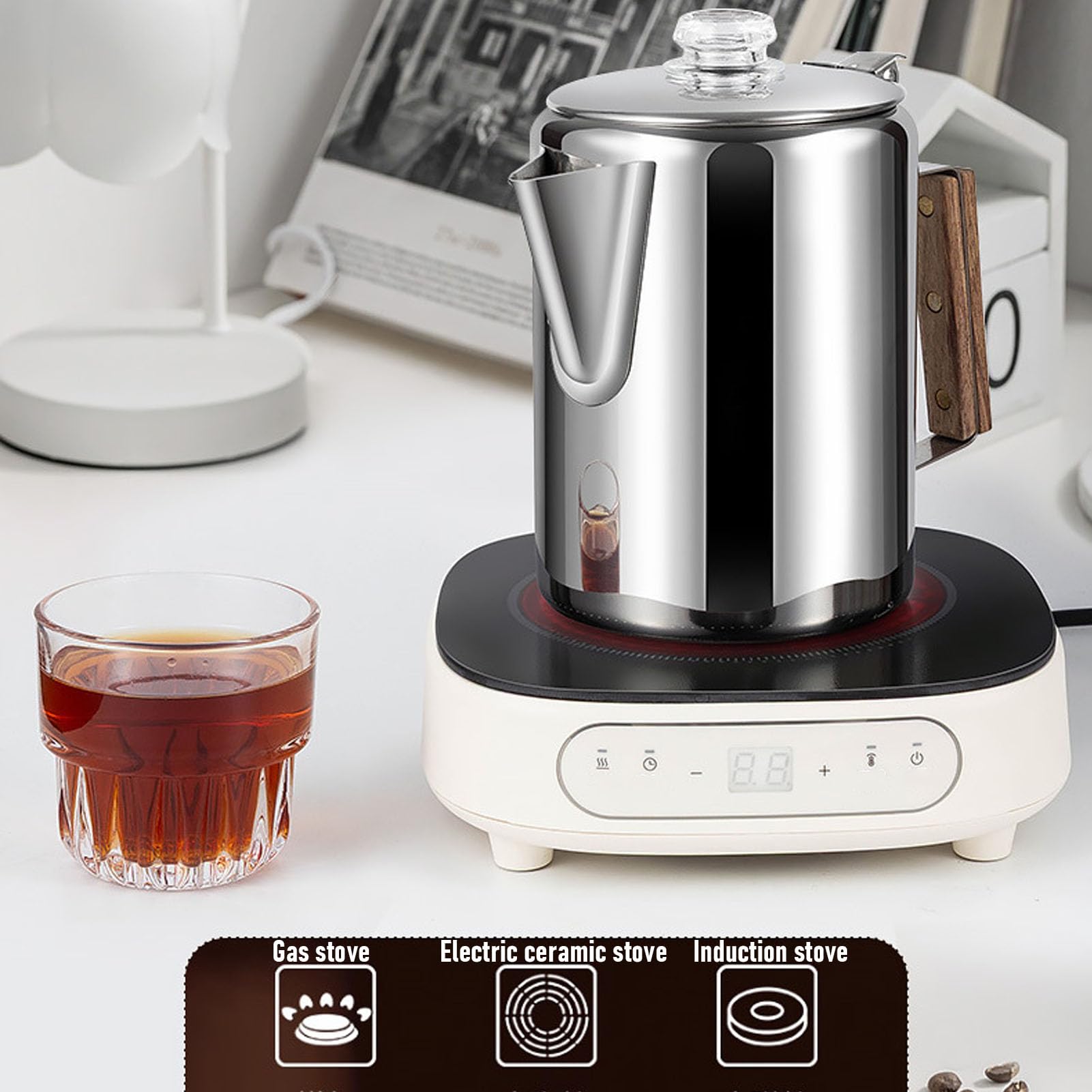 Cafetière Percolateur en Acier Inoxydable 12 Tasses sur Cuisinière, Percolateur Multi-réchaud de Camping, Pot à Cappuccino pour L'extérieur, la Maison, la Randonnée, les Voyages (12 tasses