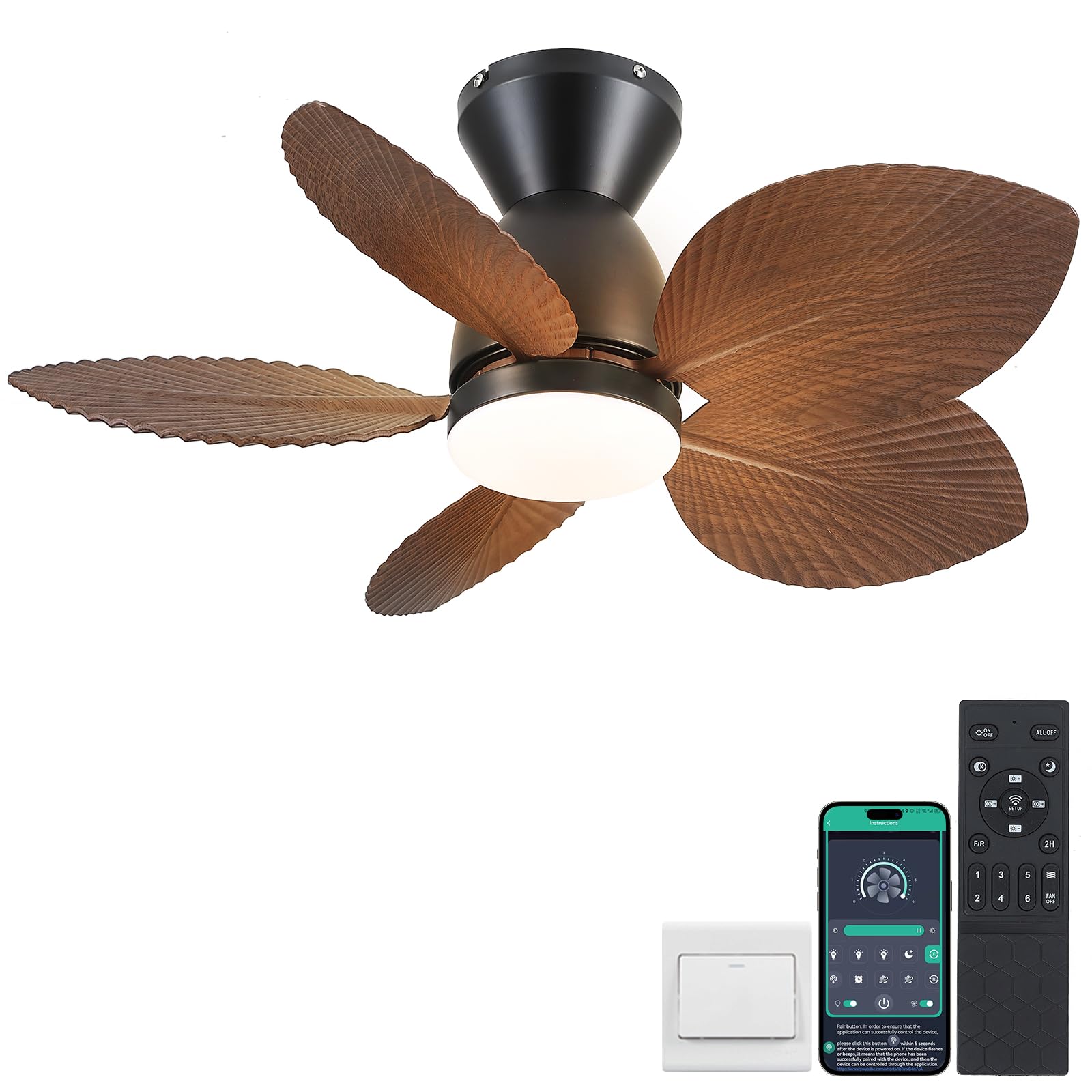 30 Inch Ceiling Fans with Lights, Indoor Outdoor Tropical Ceiling Fan with Remote/APP Control, Flush Mount Palm Leaf Ceiling Fan Light for Bedroom Kitchen, 6 Speeds, Dimmable - Brown